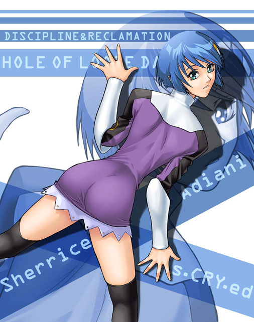 scheris adjani, scryed, 00s, 1girl, ass, black thighhighs, character name, copyright name, english text, female focus, solo, thighhighs, thighs