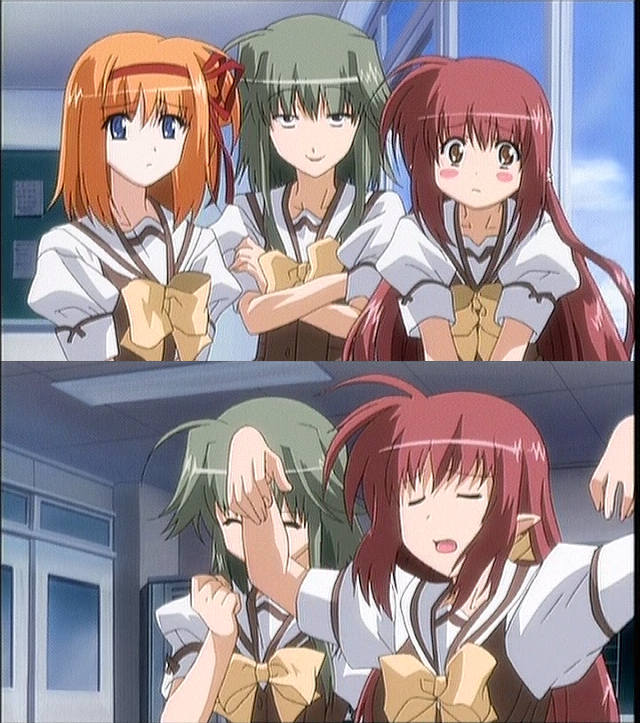 fuyou kaede, lisianthus, mayumi thyme, shuffle!, anime screenshot, jpeg artifacts, 00s, 3girls, ahoge, arms up, blush stickers, bow, classroom, collage, crossed arms, looking at viewer, multiple girls, pointy ears, rape face, school, school uniform, serafuku, window
