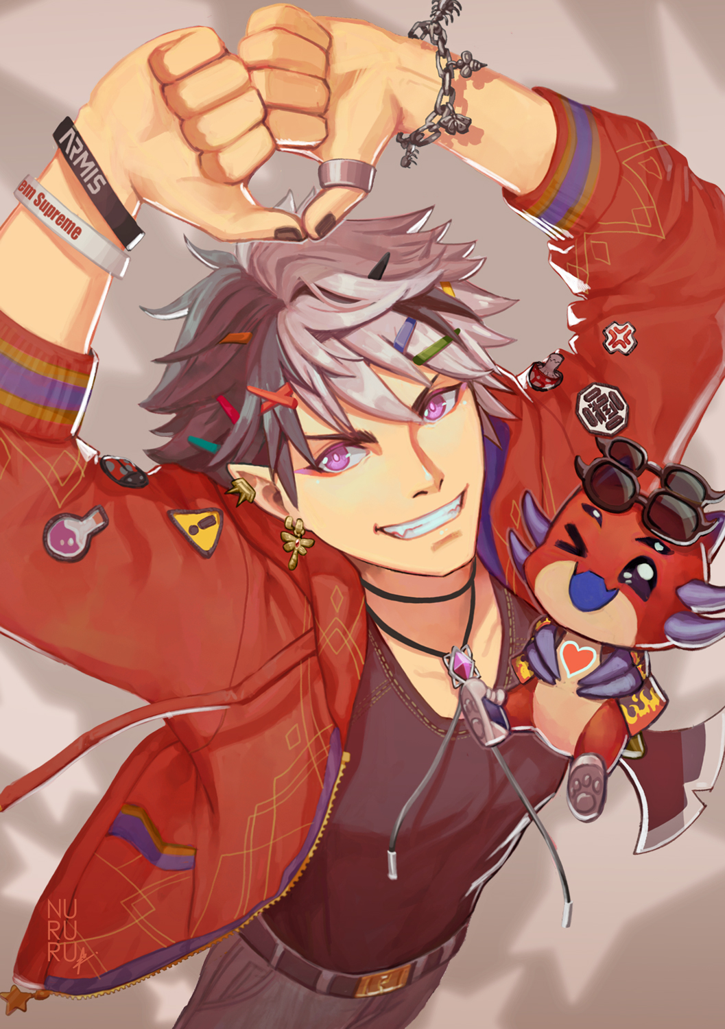 nururu, crimzon ruze, holostars, holostars english, highres, 1boy, anger vein, arms up, belt, black shirt, bracelet, chain, chain bracelet, clothed creature, cowboy shot, creature, double thumbs down, drawstring, earrings, eyewear on head, fangs, flask, from above, grey hair, grin, hair ornament, hairclip, heart, heart hands, hood, hooded jacket, hoodie, jacket, jewelry, male focus, multicolored hair, multiple bracelets, mushroom, necklace, one eye closed, pants, patch, pointy ears, purple eyes, red hoodie, ring, round-bottom flask, ruzader (crimzon ruze), shirt, shoes, short hair, sign, smile, sunglasses, teeth, thumbs down, thumbs down heart hands, two-tone hair, virtual youtuber, warning sign