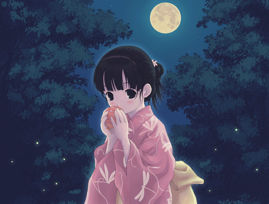 amami mikihiro, original, 1girl, bug, female focus, fireflies, firefly, full moon, insect, japanese clothes, kimono, moon, pink kimono, ponytail, solo, water yoyo, yukata