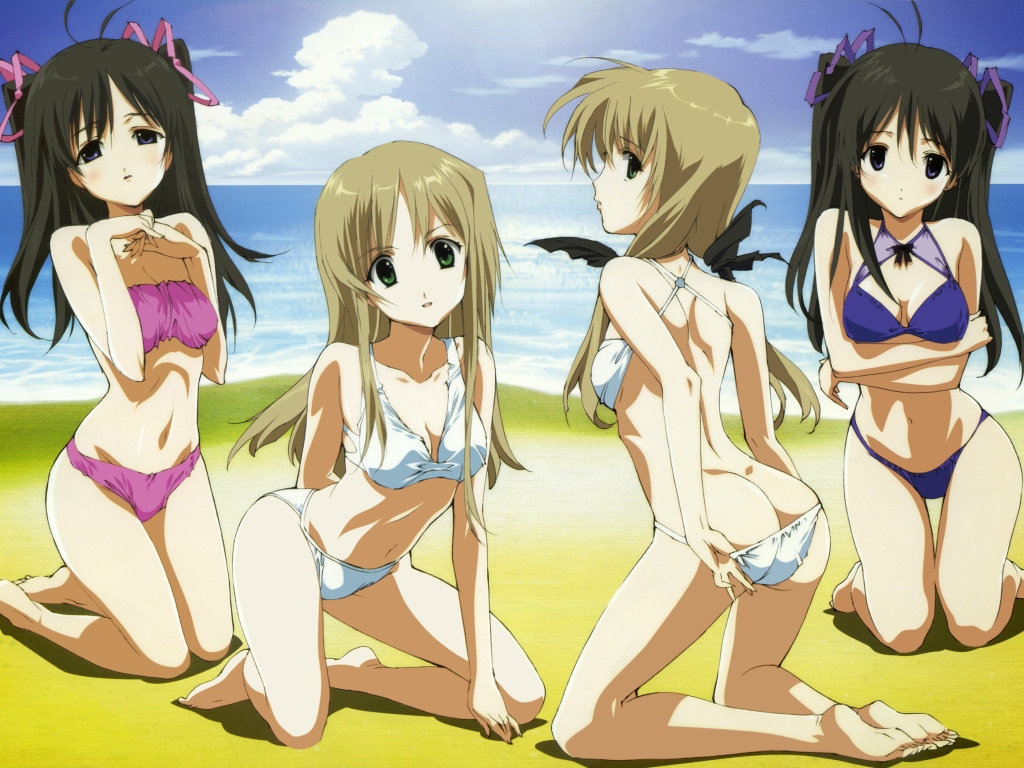 hosoda naoto, sakurazuki kira, sakurazuki yura, shirogane sara, shirogane souju, futakoi, megami magazine, official art, 00s, 4girls, ass, bikini, black hair, blonde hair, blue eyes, breasts, butt crack, cloud, day, green eyes, kneeling, long hair, looking at viewer, multiple girls, outdoors, siblings, sisters, sky, swimsuit, twins, twintails, white bikini
