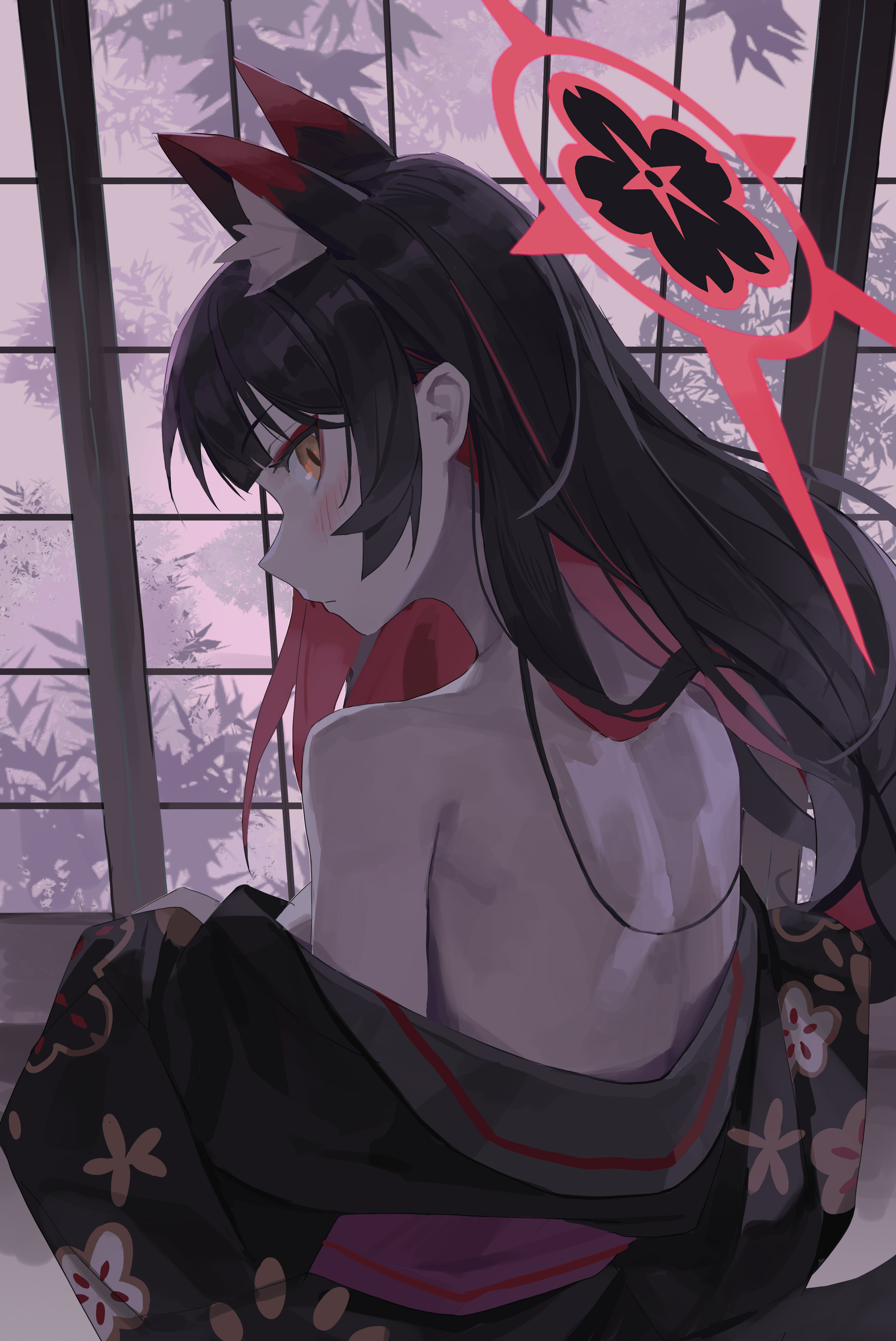 fanshuimucishen, wakamo (blue archive), blue archive, absurdres, chinese commentary, commentary, highres, making-of available, 1girl, animal ear fluff, animal ears, back, bare shoulders, black hair, black kimono, blush, breasts, closed mouth, colored inner hair, extra ears, eyeshadow, floral print, floral print kimono, fox ears, fox girl, from behind, halo, indoors, japanese clothes, kimono, long hair, looking at viewer, looking back, makeup, multicolored hair, off shoulder, print kimono, profile, red eyeshadow, red hair, red halo, shouji, shoulder blades, sliding doors, solo, two-tone hair, upper body, yellow eyes