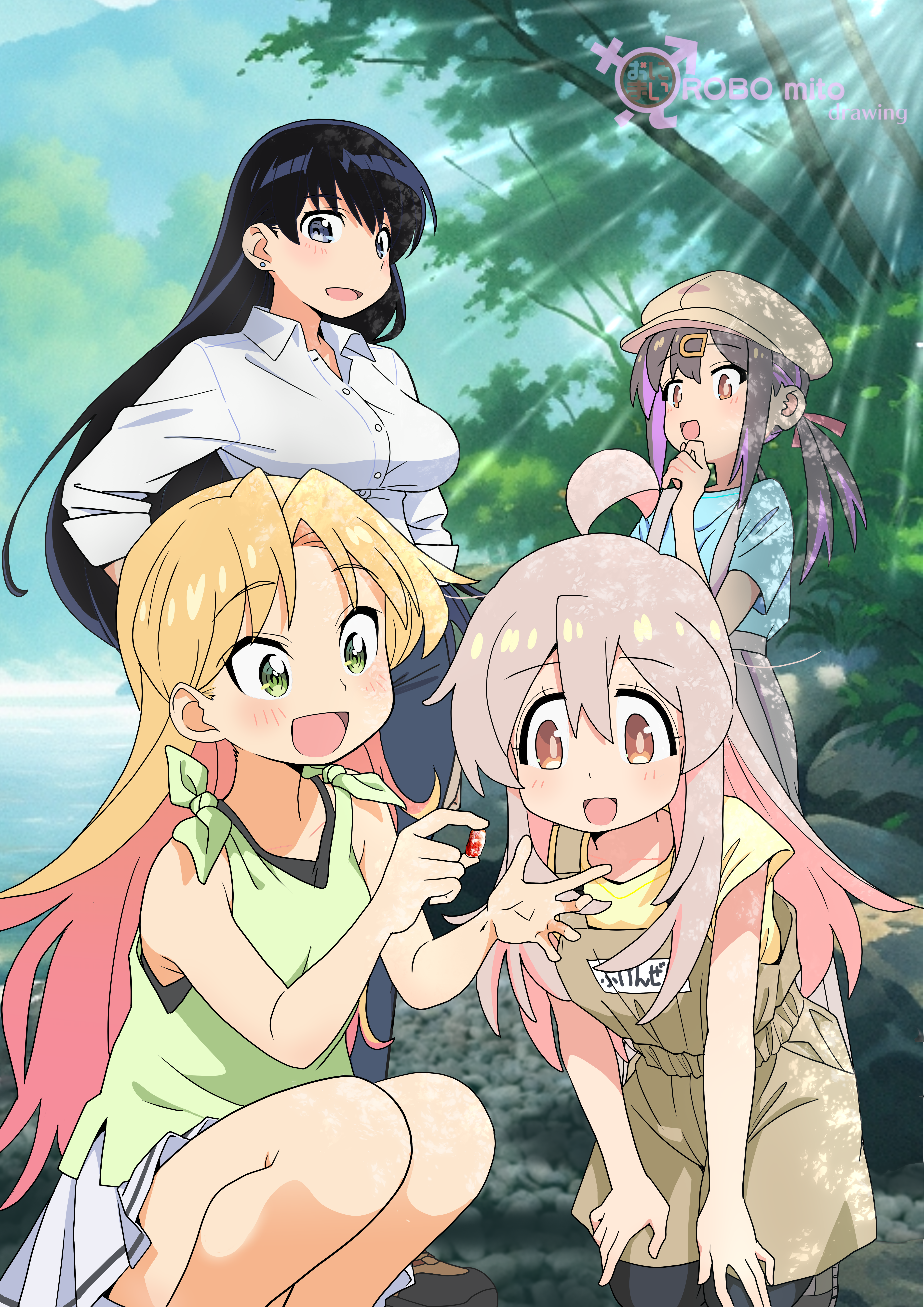 robomito, arato nagi, oyama mahiro, oyama mihari, tanigawa ruri, onii-chan wa oshimai!, ruri no houseki, studio bind, absurdres, commentary, highres, 4girls, ahoge, artist name, black eyes, black hair, blonde hair, breasts, colored inner hair, company connection, crossover, crystal, day, denim, earrings, genderswap, genderswap (mtf), green eyes, hair ornament, hands on own thighs, hat, holding, holding crystal, jeans, jewelry, large breasts, light rays, long hair, looking at another, male-female symbol, multicolored hair, multiple girls, newsboy cap, open mouth, orange eyes, outdoors, overalls, pants, pink hair, river, short sleeves, siblings, sisters, skirt, sleeveless, smile, squatting, stud earrings, tree
