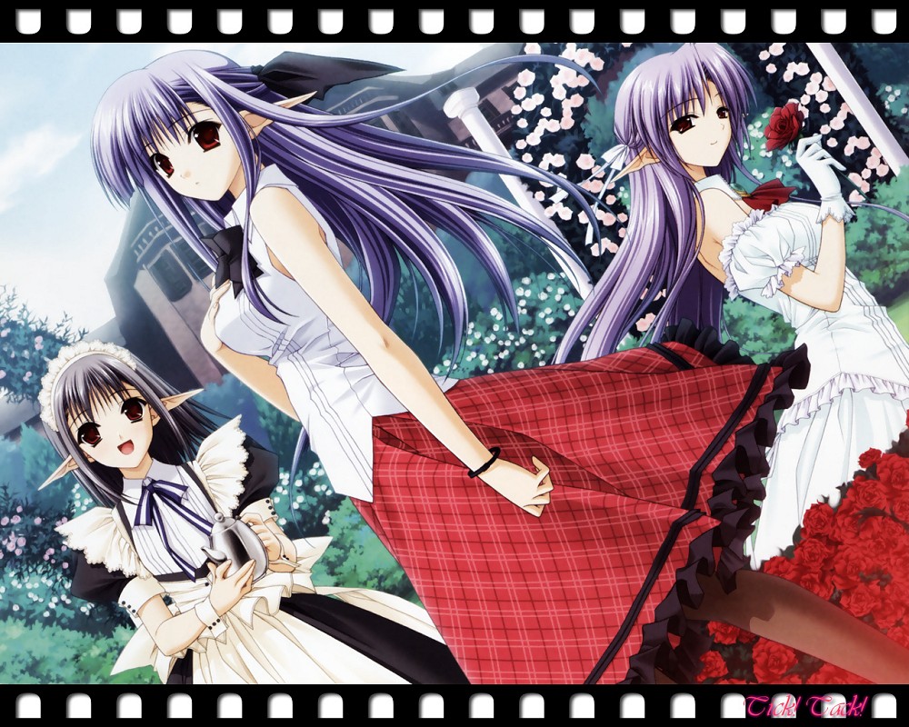 suzuhira hiro, ai (tick! tack!), nerine, sage (tick! tack!), shuffle!, tick! tack!, 00s, 3girls, black hair, blue hair, film strip, flower, half updo, long hair, maid, multiple girls, plaid clothes, plaid skirt, pointy ears, red eyes, short hair, skirt, wrist cuffs