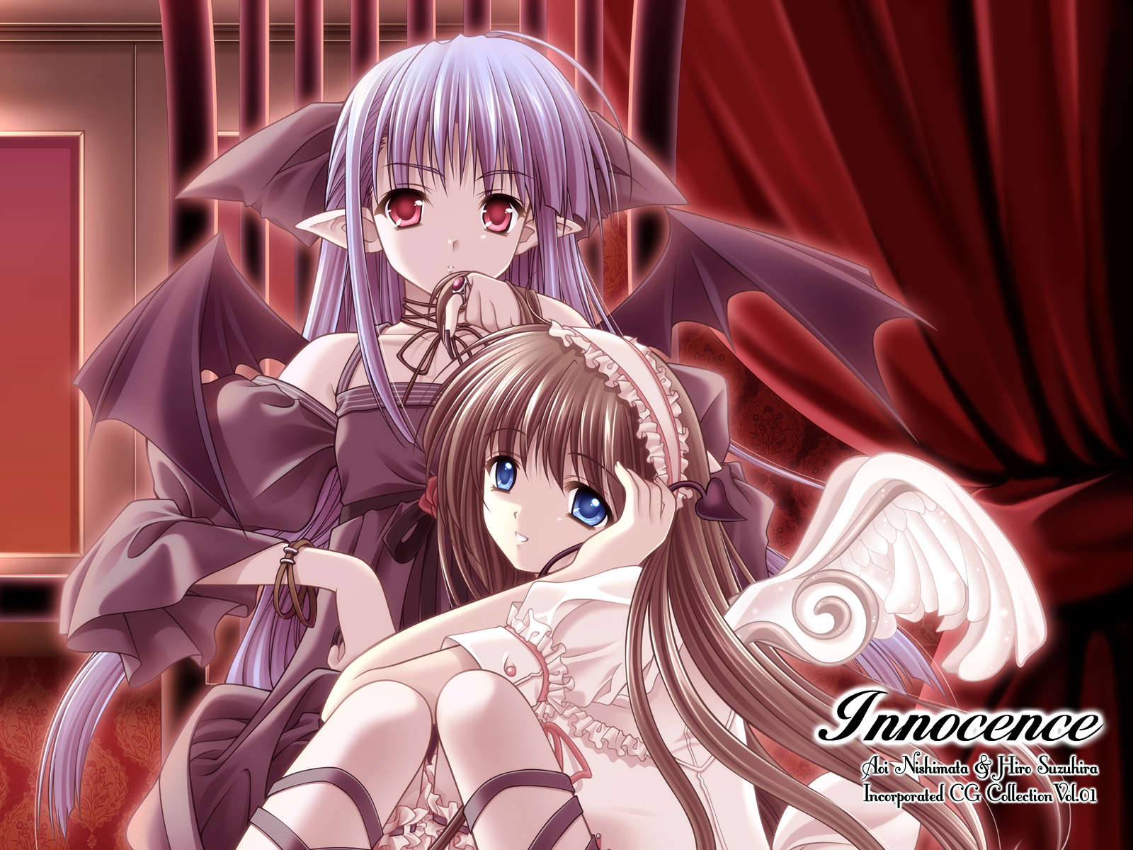 nishimata aoi, suzuhira hiro, lisianthus, nerine, shuffle!, highres, official art, official wallpaper, 00s, 2girls, blue eyes, blue hair, half updo, long hair, multiple girls, perspective, red eyes, wings