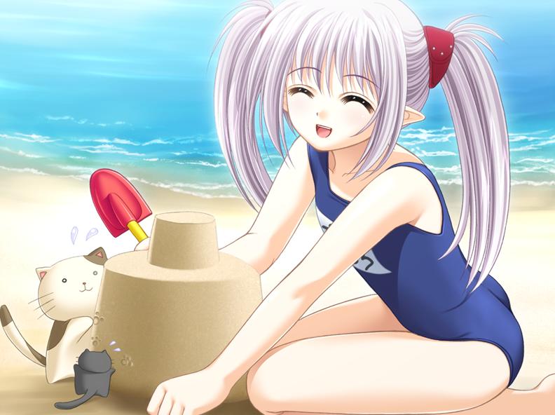 nishimata aoi, primula, shuffle!, silver hair, game cg, official art, 00s, 1girl, ^ ^, beach, blue one-piece swimsuit, building sand sculpture, cat, closed eyes, elf, female focus, long hair, name tag, one-piece swimsuit, pointy ears, sand castle, sand sculpture, school swimsuit, smile, solo, stuffed animal, stuffed cat, stuffed toy, swimsuit, twintails