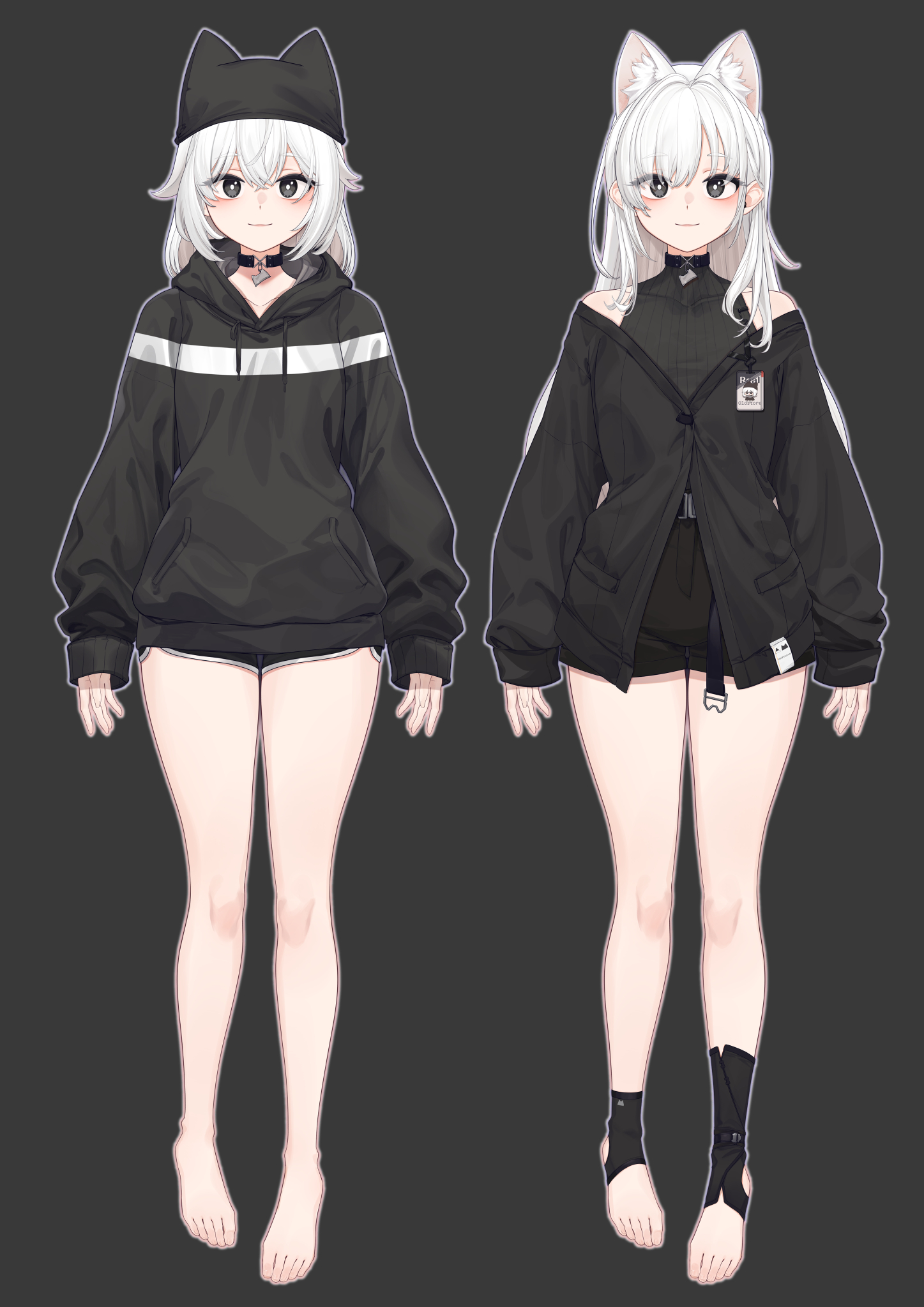 aningay, commentary request, copyright request, highres, 1girl, animal ears, animal hat, bare shoulders, barefoot, black hat, black hoodie, black jacket, black shorts, closed mouth, collarbone, covered collarbone, dolphin shorts, drawstring, fake animal ears, grey background, grey eyes, hair between eyes, hat, hood, hood down, hoodie, jacket, long hair, long sleeves, multiple views, puffy long sleeves, puffy sleeves, ribbed shirt, shirt, short shorts, shorts, simple background, sleeveless, sleeveless shirt, sleeves past wrists, smile, virtual youtuber, white hair