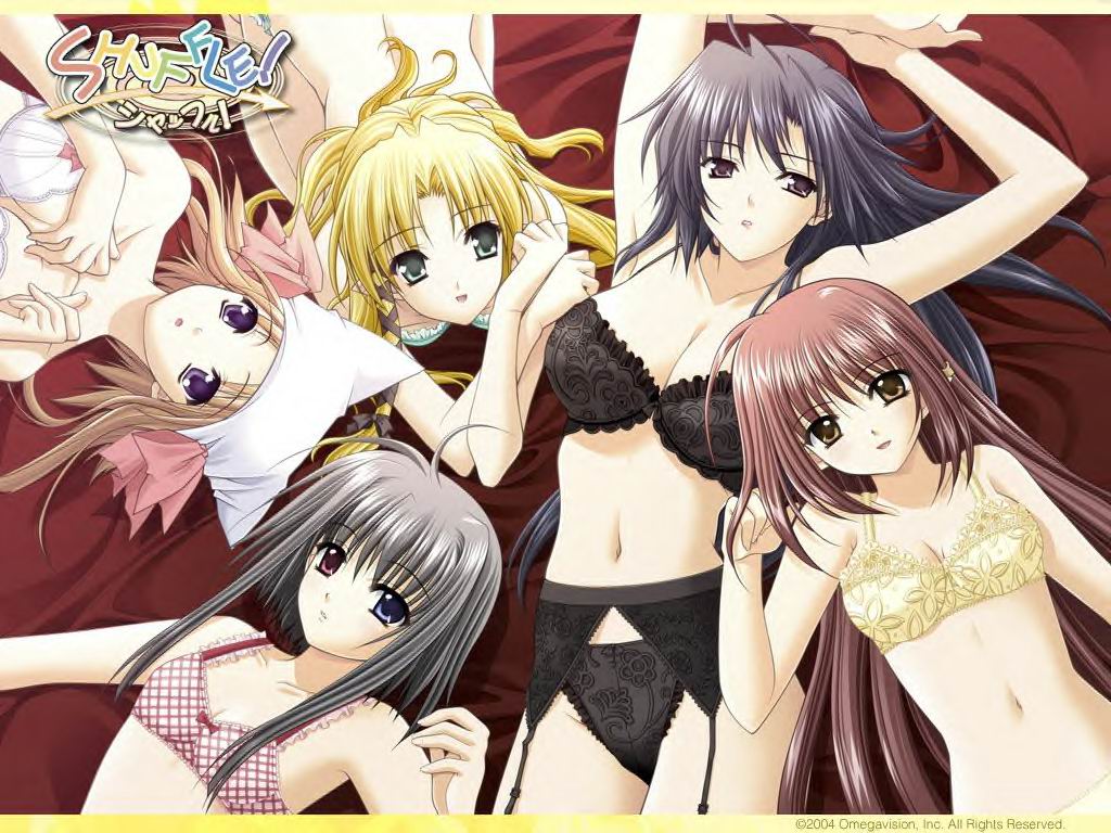 kikyou, nishimata aoi, suzuhira hiro, benibara nadeshiko, kareha, lisianthus, mayumi thyme, shigure ama, shuffle!, jpeg artifacts, official art, official wallpaper, 00s, 5girls, ahoge, black garter belt, black panties, bow, bra, breasts, cleavage, everyone, garter belt, hair spread out, half-closed eyes, hat, heterochromia, lingerie, long hair, multiple girls, panties, pink bow, pointy ears, poster (medium), short hair with long locks, teacher, underwear, underwear only, very long hair, white hat