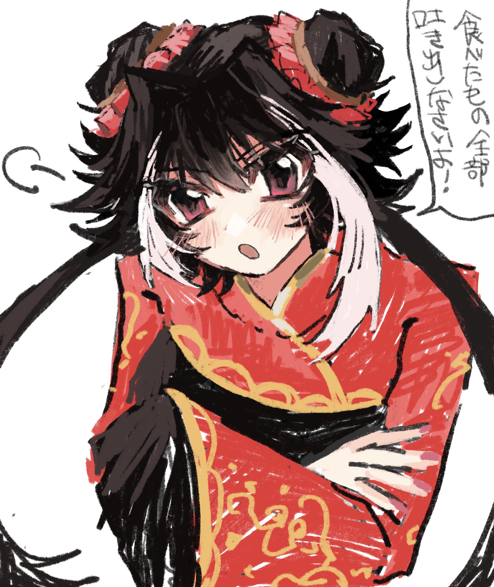 jia xichun (project moon), limbus company, project moon, highres, 1girl, :o, black dress, black hair, blush, chinese clothes, crossed arms, double bun, dress, hair bun, long hair, long sleeves, looking at viewer, multicolored hair, open mouth, pink eyes, pt0m14o, red shrug, simple background, solo, speech bubble, streaked hair, twintails, upper body, white background