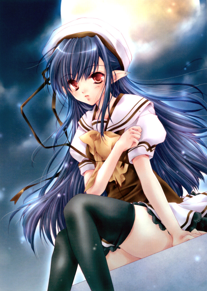 hayase akira, nerine, shuffle!, highres, 00s, 1girl, beret, black thighhighs, blue hair, female focus, hat, long hair, moon, outdoors, pointy ears, red eyes, school uniform, serafuku, skirt, sky, solo, thighhighs, white hat, zettai ryouiki