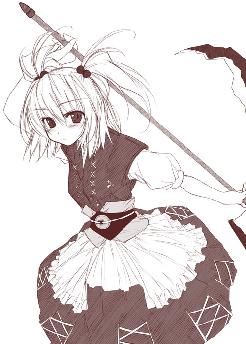 yumesato makura, onozuka komachi, touhou, 1girl, brown theme, coin, female focus, hair bobbles, hair ornament, monochrome, scythe, slit pupils, solo, twintails, two side up