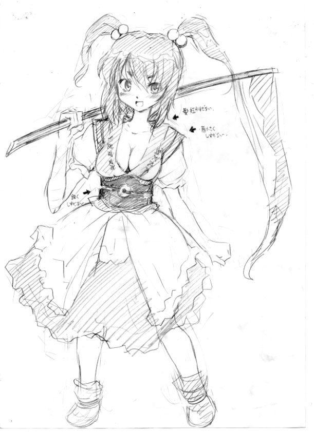 onozuka komachi, touhou, 1girl, breasts, cleavage, female focus, greyscale, hair bobbles, hair ornament, large breasts, monochrome, scythe, solo, twintails, two side up
