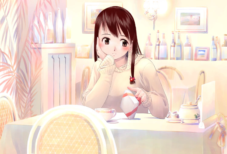 iuro, 1girl, blush, brown eyes, brown hair, chair, cup, female focus, gift, hand on own cheek, hand on own face, head rest, indoors, long hair, long sleeves, plant, solo, sweater, table, teacup, waiting, white theme