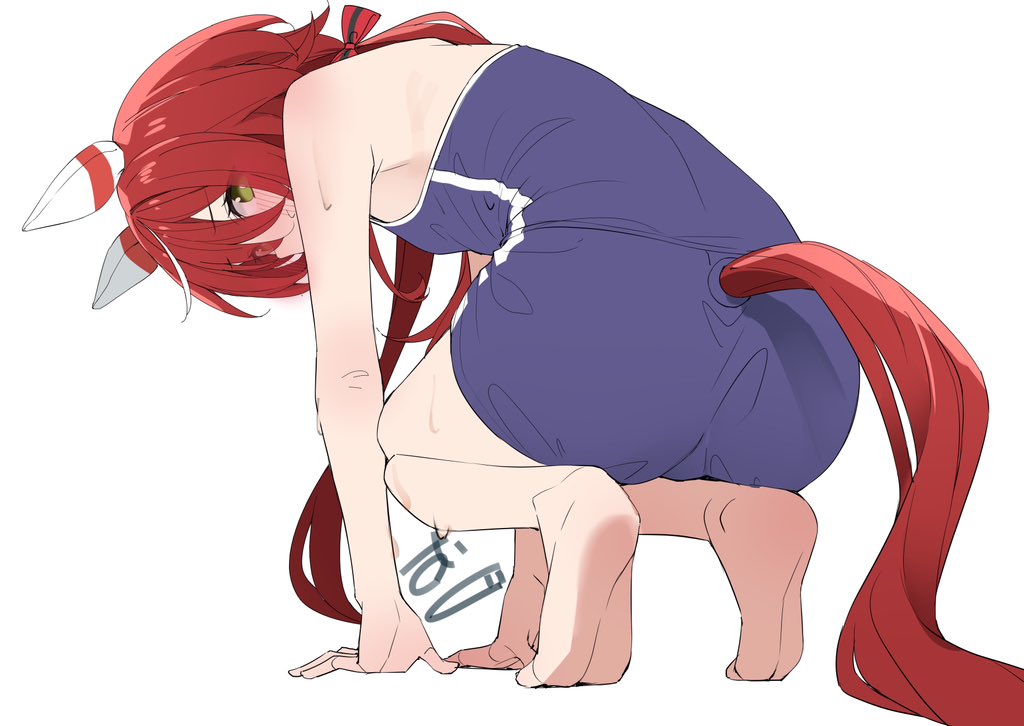 kawai ritsu (rits meg), win variation (umamusume), umamusume, 1girl, animal ears, ass, blue one-piece swimsuit, blush, clothing cutout, ear covers, green eyes, horse ears, horse girl, horse tail, long hair, looking at viewer, one-piece swimsuit, red hair, red tail, school swimsuit, simple background, solo, swimsuit, tail, tail through clothes, tracen swimsuit, white background