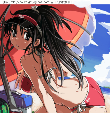 bailknight, original, lowres, 1girl, ass, back, beach, bikini, black eyes, black hair, butt crack, cloud, day, dimples of venus, female focus, food, fruit, korean text, long hair, looking at viewer, outdoors, parasol, ponytail, sky, solo, swimsuit, umbrella, visor cap, watermelon