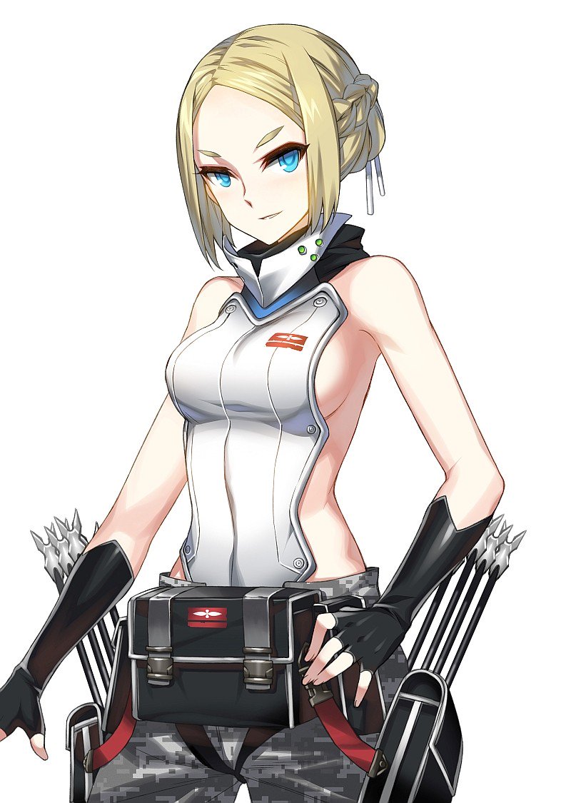 irina petrovona, closers, bare shoulders, belt pouch, blonde hair, blue eyes, braid, breasts, camouflage, camouflage pants, fingerless gloves, gloves, official alternate costume, pants, pouch, sideboob, sideless outfit, smile