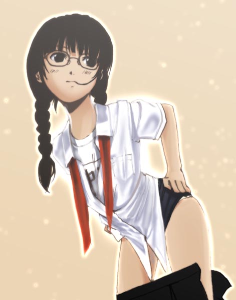 akitama, 1girl, black eyes, black hair, braid, buruma, female focus, glasses, gym uniform, hair in own mouth, hands on own hips, leaning forward, school uniform, solo, twin braids, undressing