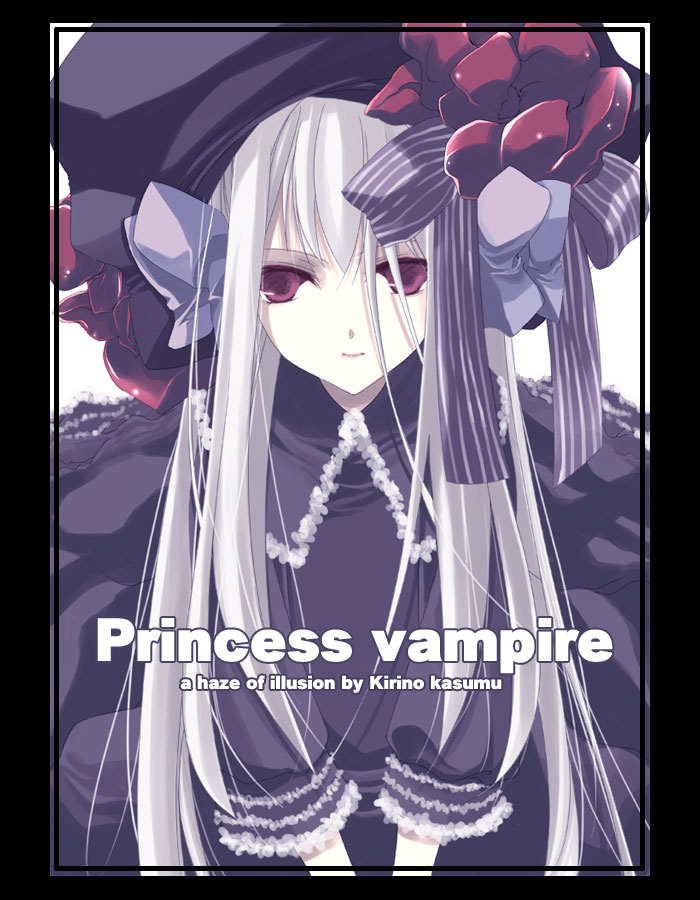 kirino kasumu, original, 1girl, english text, female focus, goth fashion, grey hair, long hair, red eyes, ribbon, smile, solo