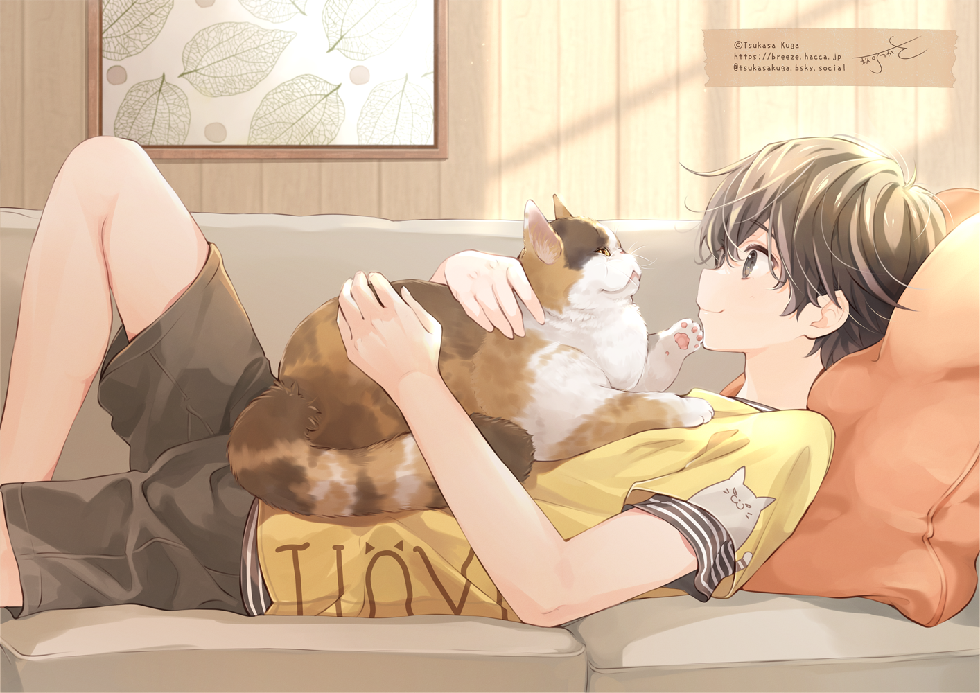 kuga tsukasa, original, commentary request, 1boy, animal, brown hair, brown shorts, cat, closed mouth, couch, feet out of frame, from side, grey eyes, hair between eyes, indoors, knee up, lying, male focus, on back, on couch, pillow, profile, shirt, short sleeves, shorts, signature, smile, solo, watermark, yellow shirt