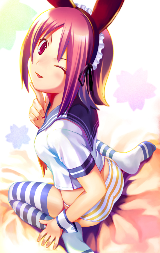koutaro, animal ears, bottomless, fake animal ears, no pants, one eye closed, panties, pink eyes, pink hair, pleated skirt, rabbit ears, school uniform, seiza, serafuku, sitting, skirt, solo, striped clothes, striped panties, striped thighhighs, thighhighs, underwear, wink, wrist cuffs, yellow panties