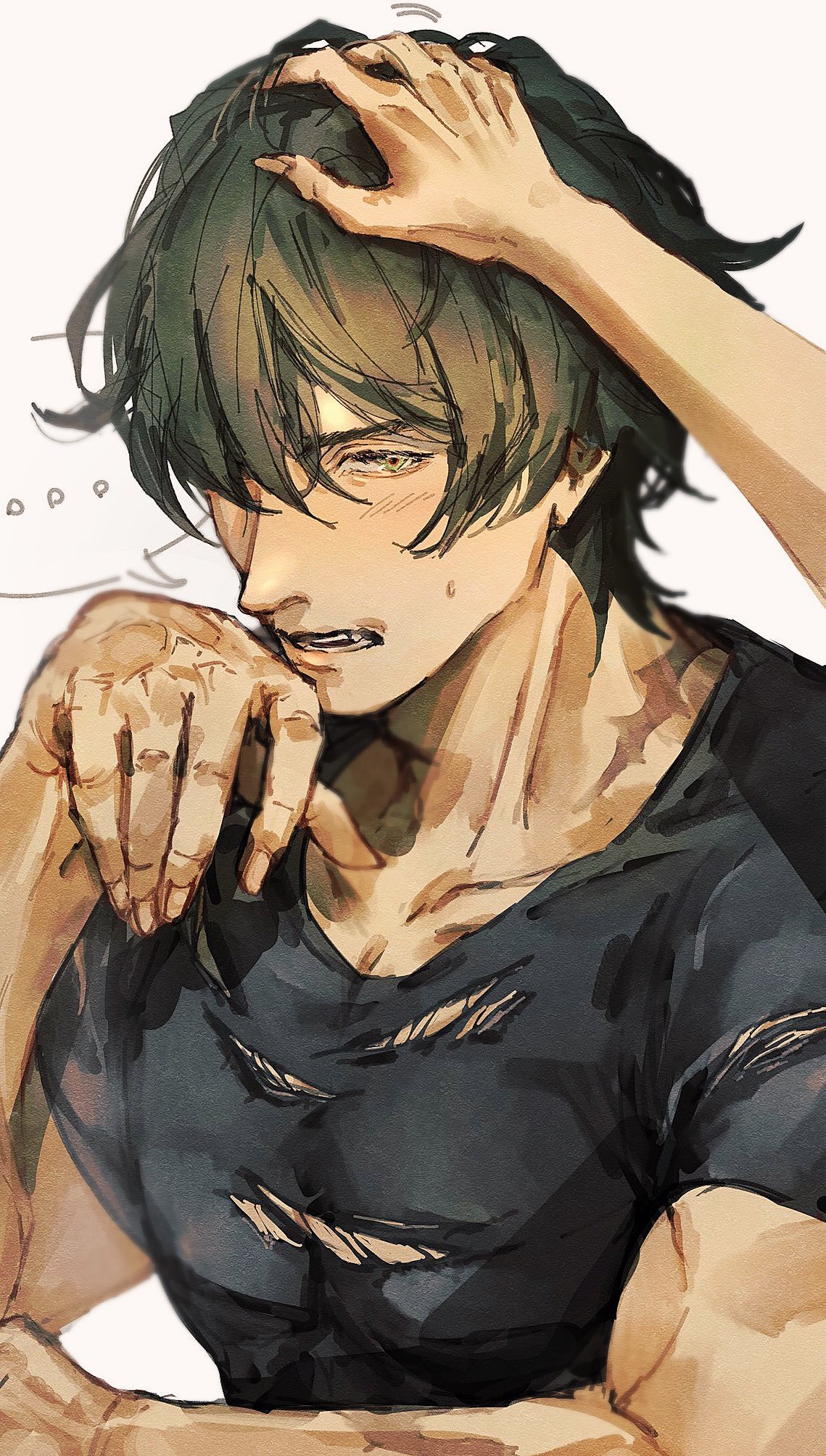 lighter (zenless zone zero), zenless zone zero, commentary, commentary request, highres, …, 1boy, 1other, arm up, black shirt, blush, collarbone, embarrassed, fingernails, green hair, hand on another's head, looking to the side, male focus, motion lines, multiple scars, out of frame, parted bangs, parted lips, rubbing head, scar, scar on hand, scar on neck, shirt, short hair, short sleeves, sideways glance, simple background, solo focus, speech bubble, spoken ellipsis, t 1009 t, teeth, torn clothes, torn shirt, upper body, white background