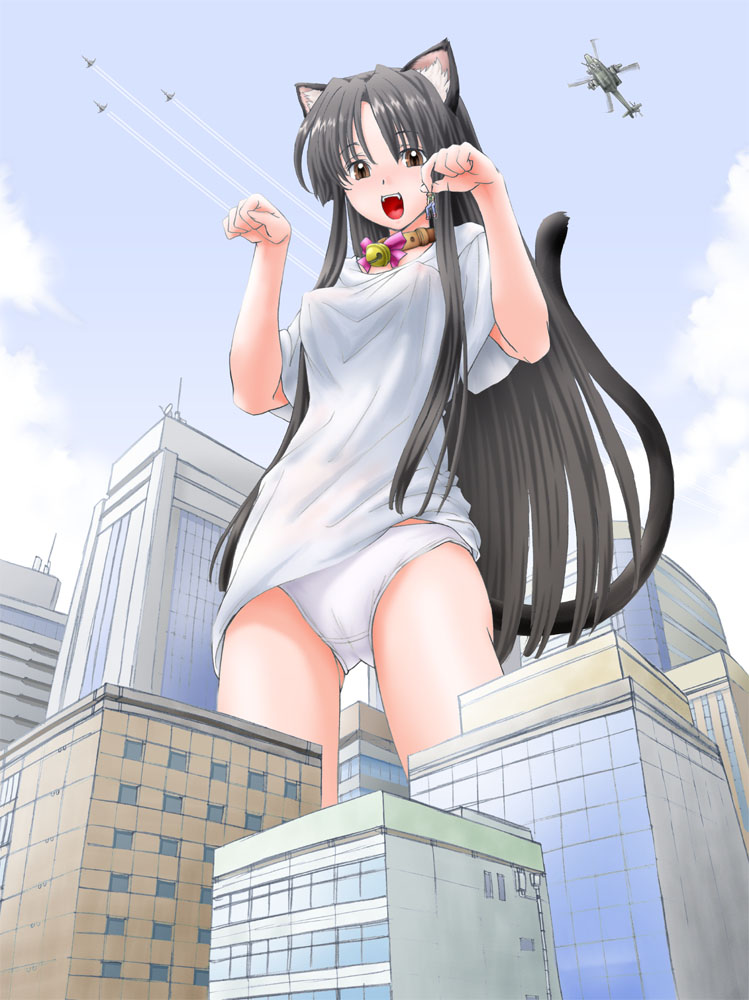 eichikei (hakuto), 1boy, 1girl, :d, aircraft, airplane, animal ears, army, bell, black hair, blush, bottomless, brown eyes, building, cameltoe, cat ears, cat tail, city, cloud, collar, contrail, covered erect nipples, crotch, day, fangs, female focus, fighter jet, from below, giant, giantess, helicopter, jingle bell, long hair, military, military vehicle, no pants, open mouth, outdoors, panties, paw pose, shirt, size difference, sky, smile, solo, standing, tail, thigh gap, underwear, very long hair, white panties