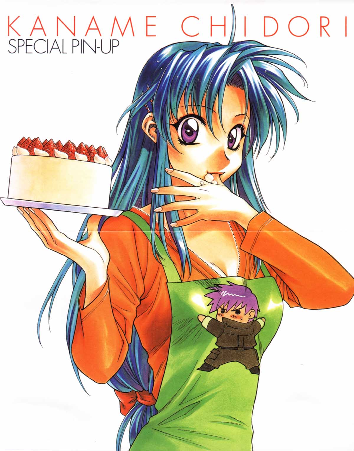 tateo retsu, chidori kaname, sagara sousuke, full metal panic!, highres, scan, scan artifacts, 00s, 1girl, apron, blue hair, blush, breasts, cake, character name, chibi, cleavage, female focus, finger in own mouth, fingernails, food, food on hand, fruit, long hair, looking at viewer, low-tied long hair, pastry, purple eyes, purple hair, simple background, solo, strawberry, sweatdrop, white background