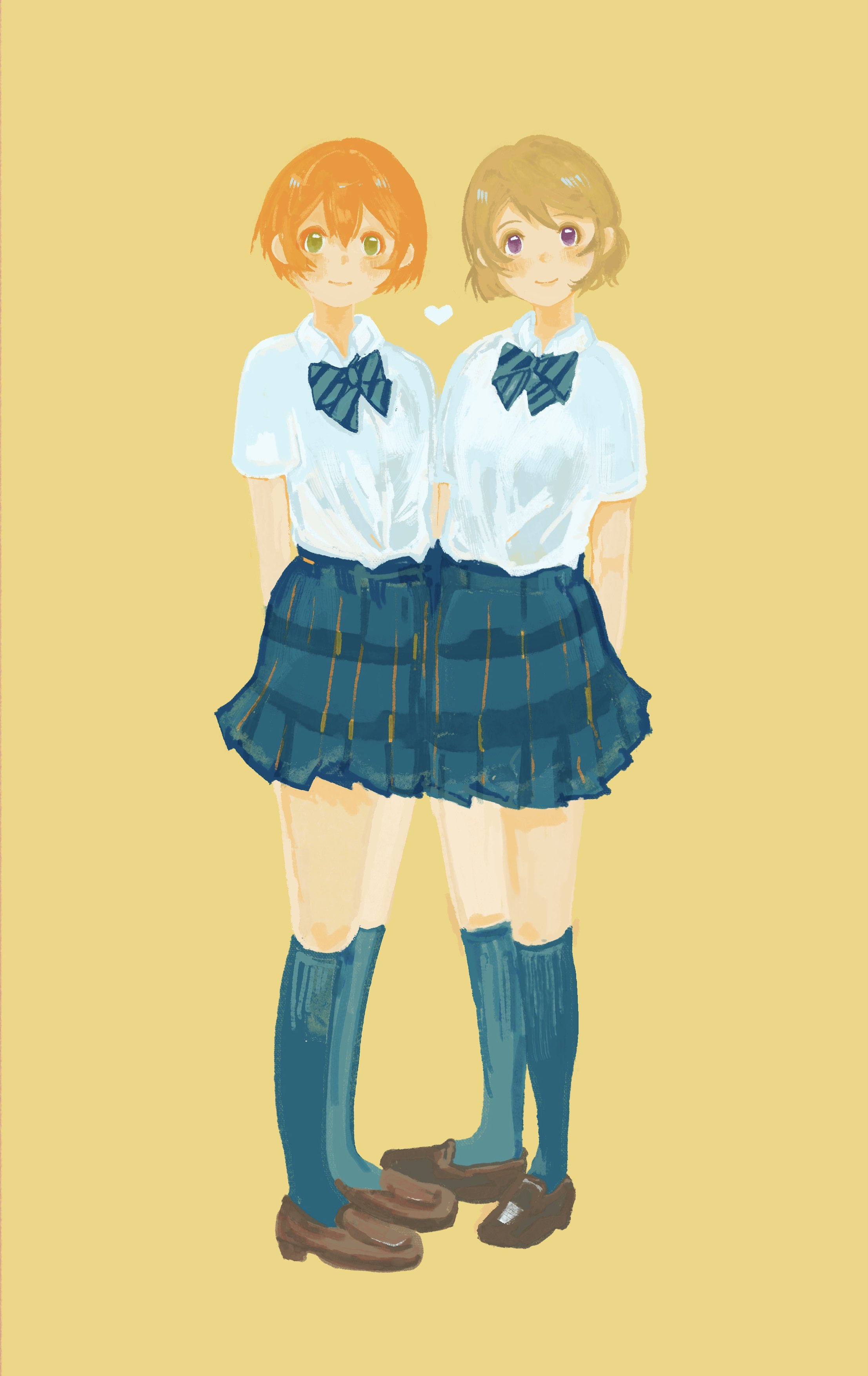 ohayo tamago, hoshizora rin, koizumi hanayo, love live!, love live! school idol project, absurdres, highres, 2girls, arms behind back, black socks, blush, bow, bowtie, brown hair, brown shoes, closed mouth, collared shirt, full body, green eyes, heart, kneehighs, loafers, multiple girls, no lineart, orange hair, otonokizaka school uniform, purple eyes, school uniform, shirt, shoes, short hair, short sleeves, side-by-side, simple background, skirt, socks, standing, white shirt, yellow background