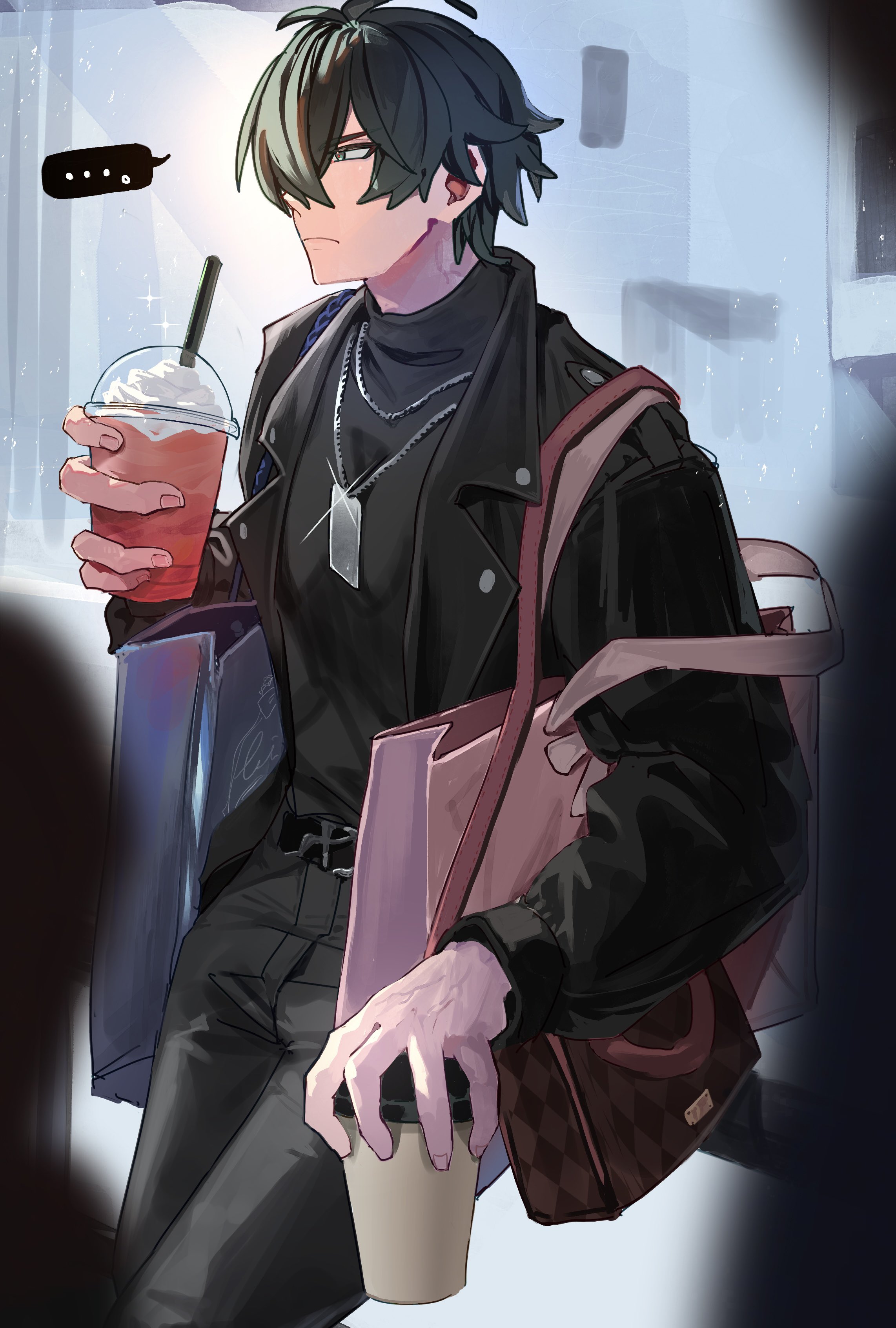 lighter (zenless zone zero), zenless zone zero, absurdres, commentary, commentary request, highres, …, 1boy, 2others, alternate costume, bag, belt, black belt, black jacket, black pants, black shirt, casual, closed mouth, cup, disposable coffee cup, disposable cup, drink, drinking straw, eiri0335, feet out of frame, fingernails, frown, green hair, holding, holding cup, jacket, jewelry, lapels, long sleeves, looking ahead, male focus, multiple others, necklace, notched lapels, pants, parted bangs, shirt, shoulder bag, solo focus, speech bubble, spoken ellipsis, turtleneck