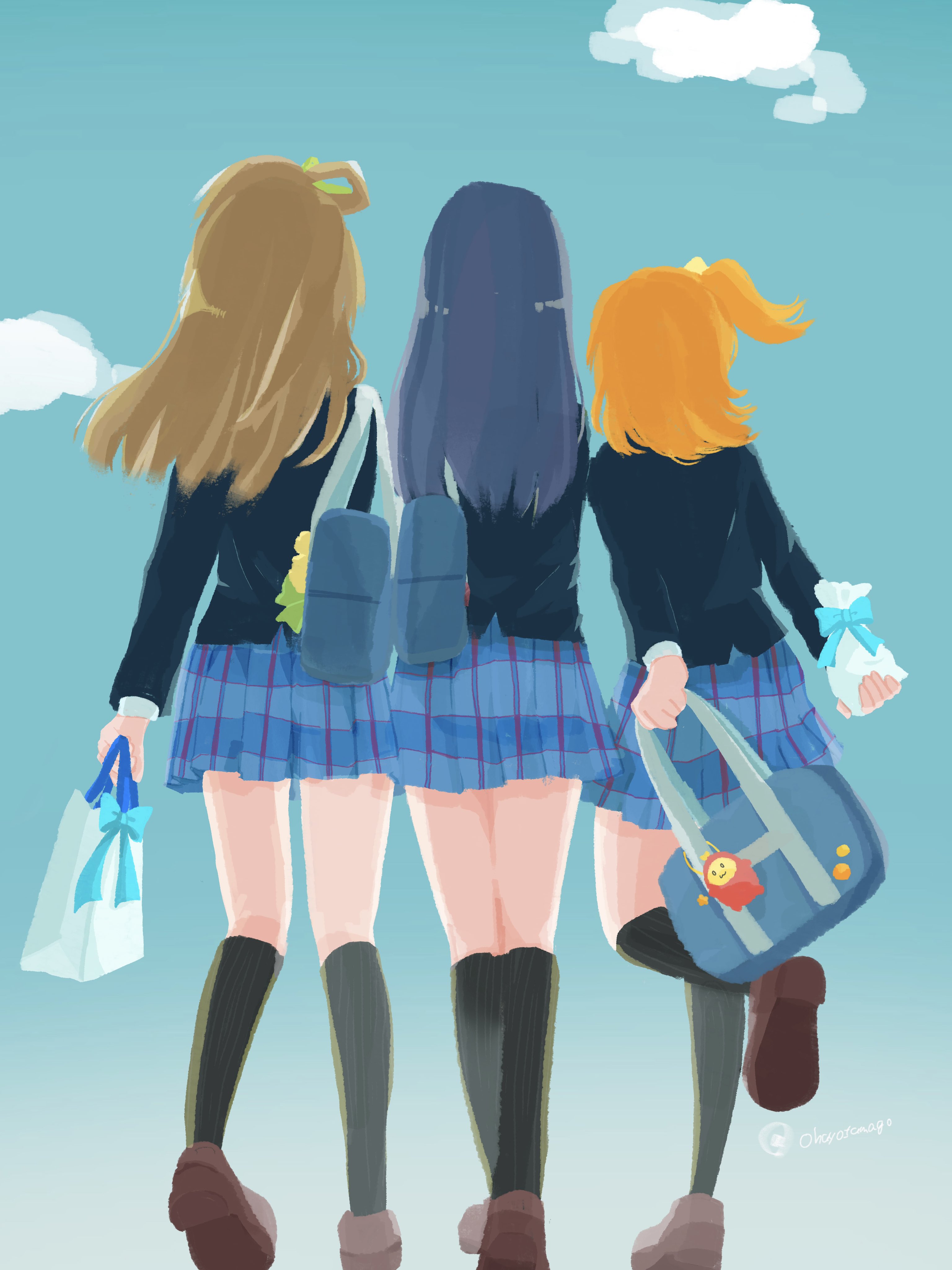 ohayo tamago, kosaka honoka, minami kotori, sonoda umi, love live!, love live! school idol project, absurdres, highres, 3girls, artist name, bag, black socks, blue hair, blue skirt, blue sky, brown hair, brown shoes, day, from behind, full body, gift, hair rings, holding, holding bag, holding gift, jacket, kneehighs, long hair, medium hair, multiple girls, no lineart, orange hair, otonokizaka school uniform, outdoors, school uniform, shoes, shoulder bag, single hair ring, skirt, sky, socks, standing, winter uniform