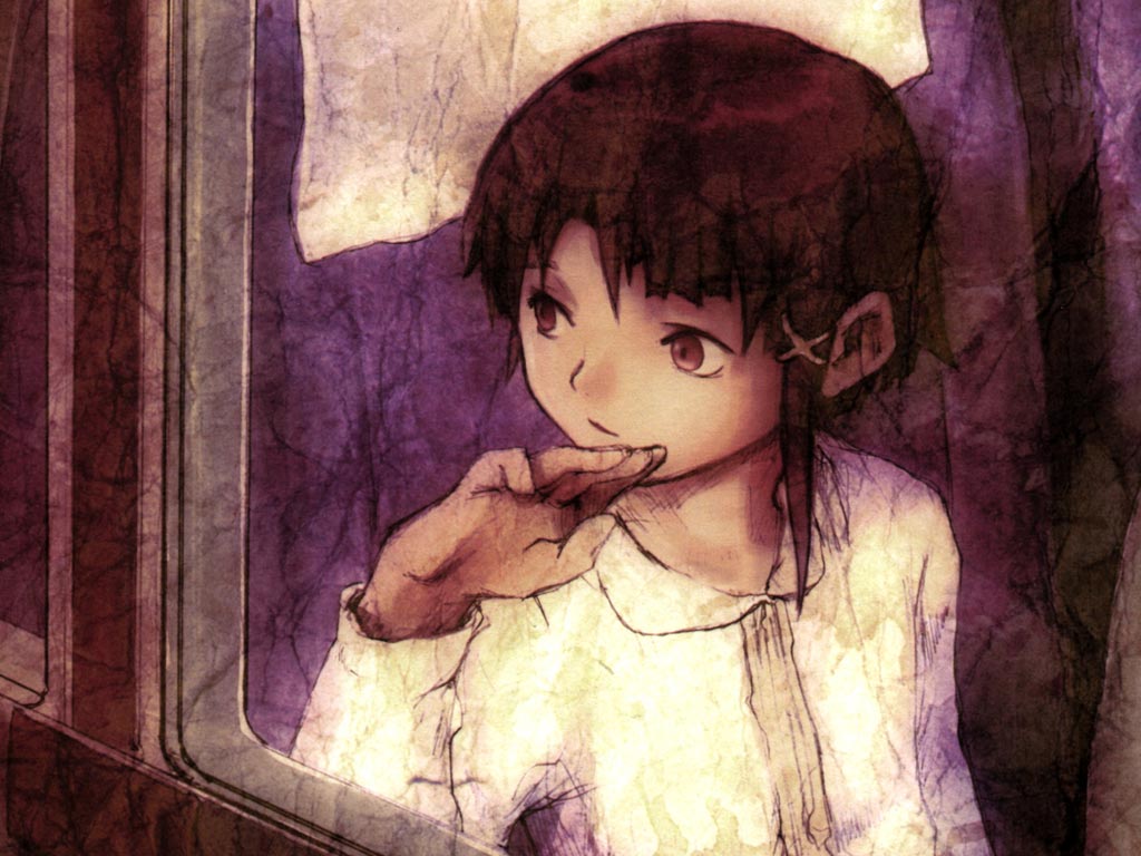 abe yoshitoshi, iwakura lain, serial experiments lain, official art, 1990s (style), 1girl, brown eyes, brown hair, female focus, hair ornament, hairclip, retro artstyle, short hair, sitting, solo, upper body