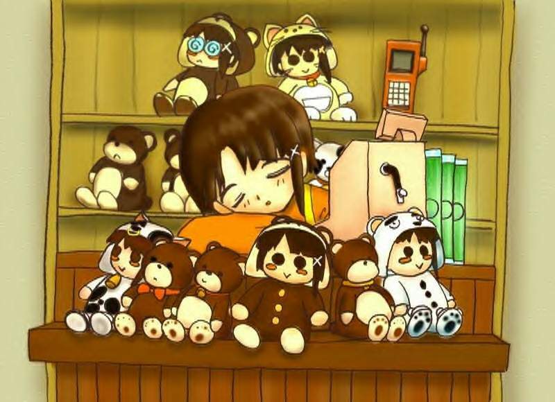 iwakura lain, kuma (2ch), serial experiments lain, 1990s (style), 1girl, bear, bell, brown eyes, brown hair, cellphone, chibi, closed eyes, female focus, hair ornament, hairclip, indoors, phone, retro artstyle, short hair, sleeping, solo, stuffed animal, stuffed toy, teddy bear, upper body