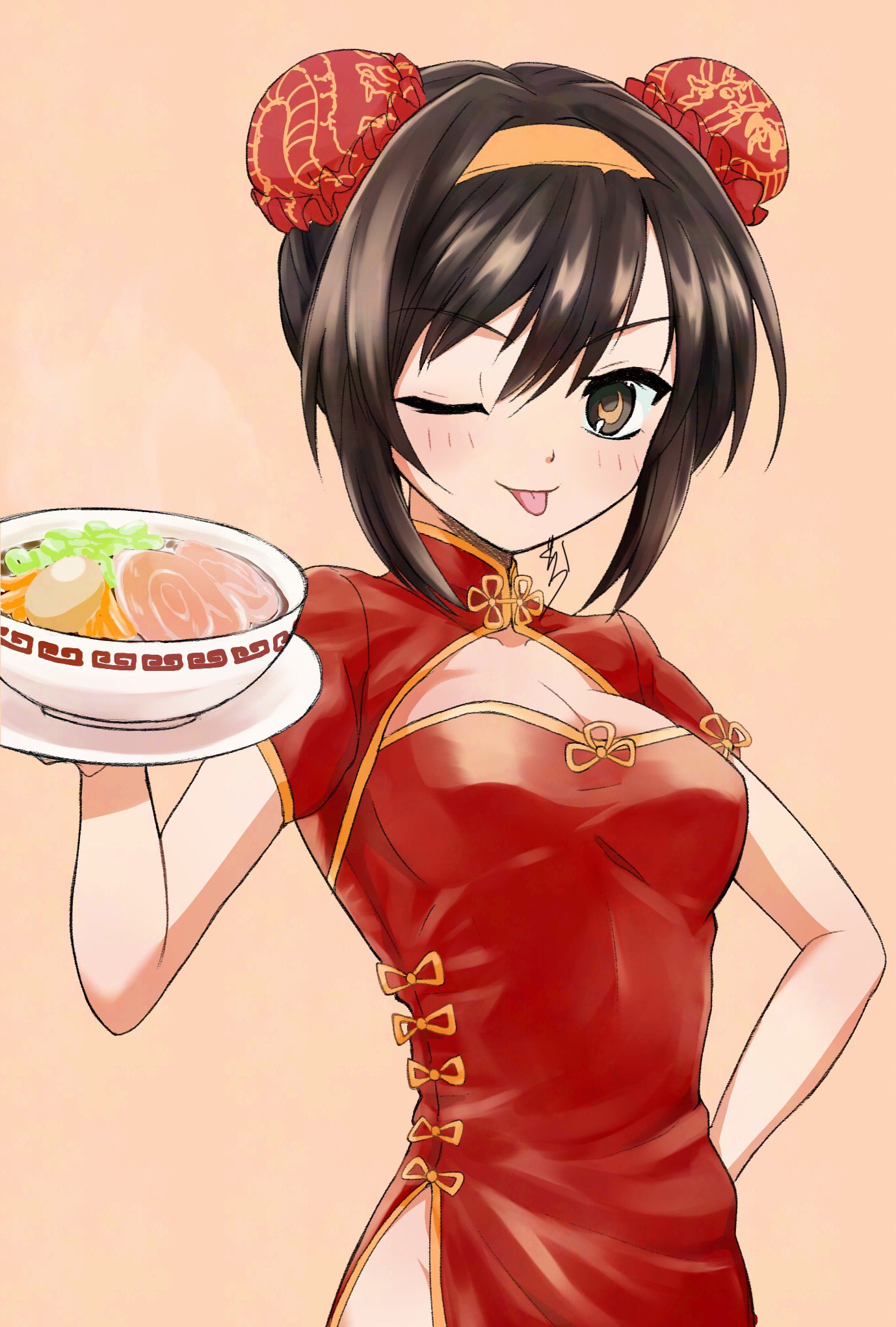 gurira (gyud0nm0rim0ri), suzumiya haruhi, suzumiya haruhi no yuuutsu, commentary request, highres, 1girl, :p, alternate costume, alternate hairstyle, bowl, brown background, brown eyes, brown hair, bun cover, china dress, chinese clothes, covered navel, double bun, dress, hair bun, hairband, hand on own hip, holding, holding plate, looking at viewer, plate, red dress, short hair, short sleeves, simple background, solo, tongue, tongue out, upper body, yellow hairband