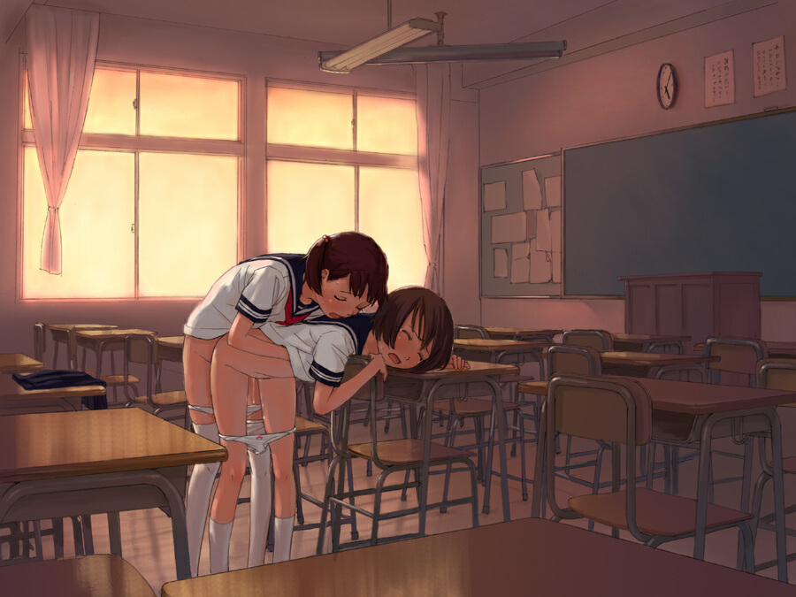 naruko hanaharu, white legwear, copyright request, jpeg artifacts, 2girls, bent over, blush, bow, bow panties, brown hair, chalkboard, classroom, closed eyes, desk, hair bobbles, hair ornament, hand under clothes, hand under shirt, indoors, kneehighs, kodomo doushi, loli, multiple girls, no pants, open mouth, over-kneehighs, panties, panty pull, pussy juice, pussy juice trail, school, school desk, school uniform, serafuku, shirt, short hair, skirt, socks, standing, sweat, thighhighs, twintails, underwear, unworn skirt, white panties, yuri