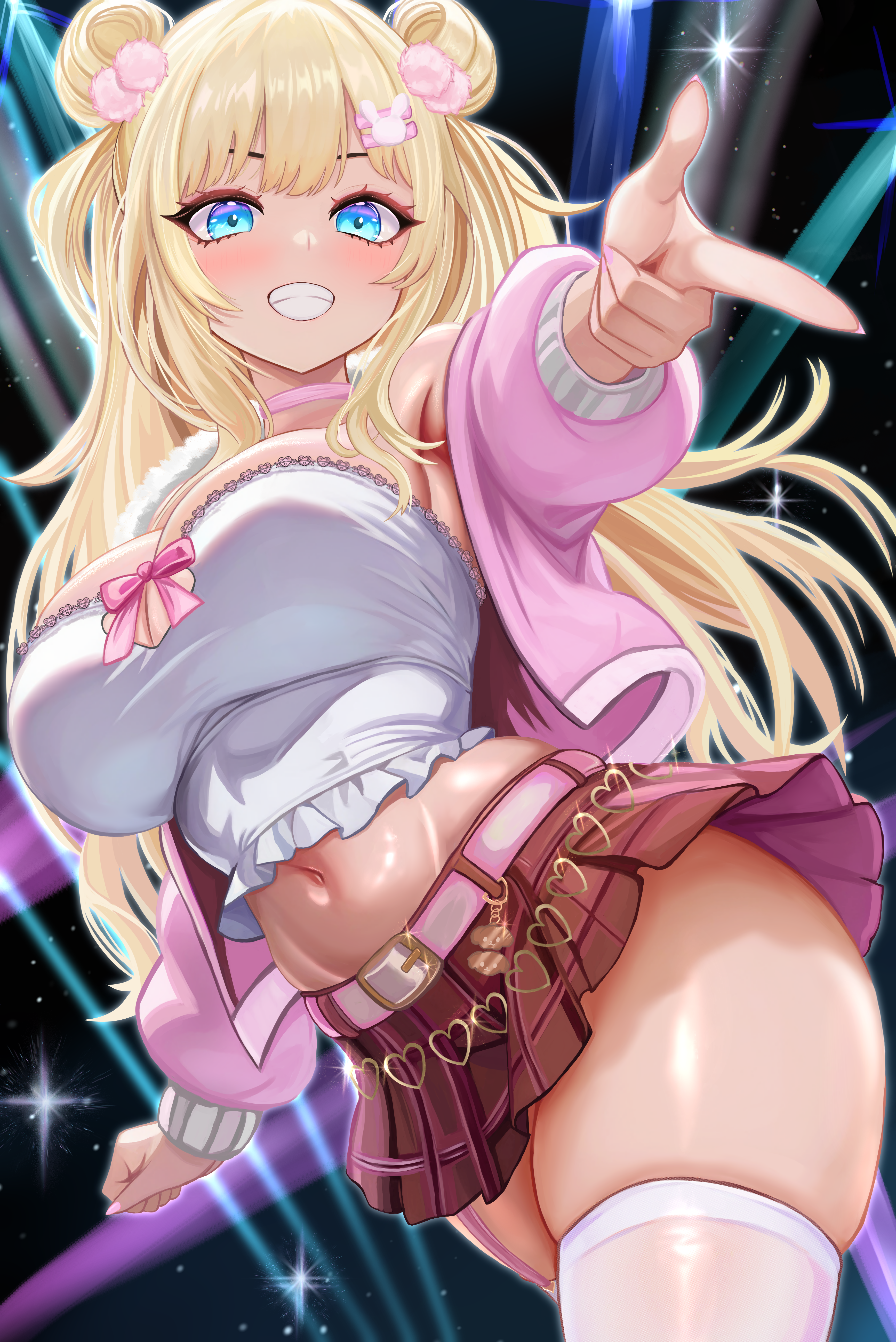da-negi, original, absurdres, highres, 1girl, belt, blonde hair, blue eyes, breasts, brown skirt, choker, crop top, hair bun, jacket, large breasts, midriff, navel, outstretched arm, pink belt, pink choker, pink jacket, skirt, tank top, thighhighs, white tank top, white thighhighs
