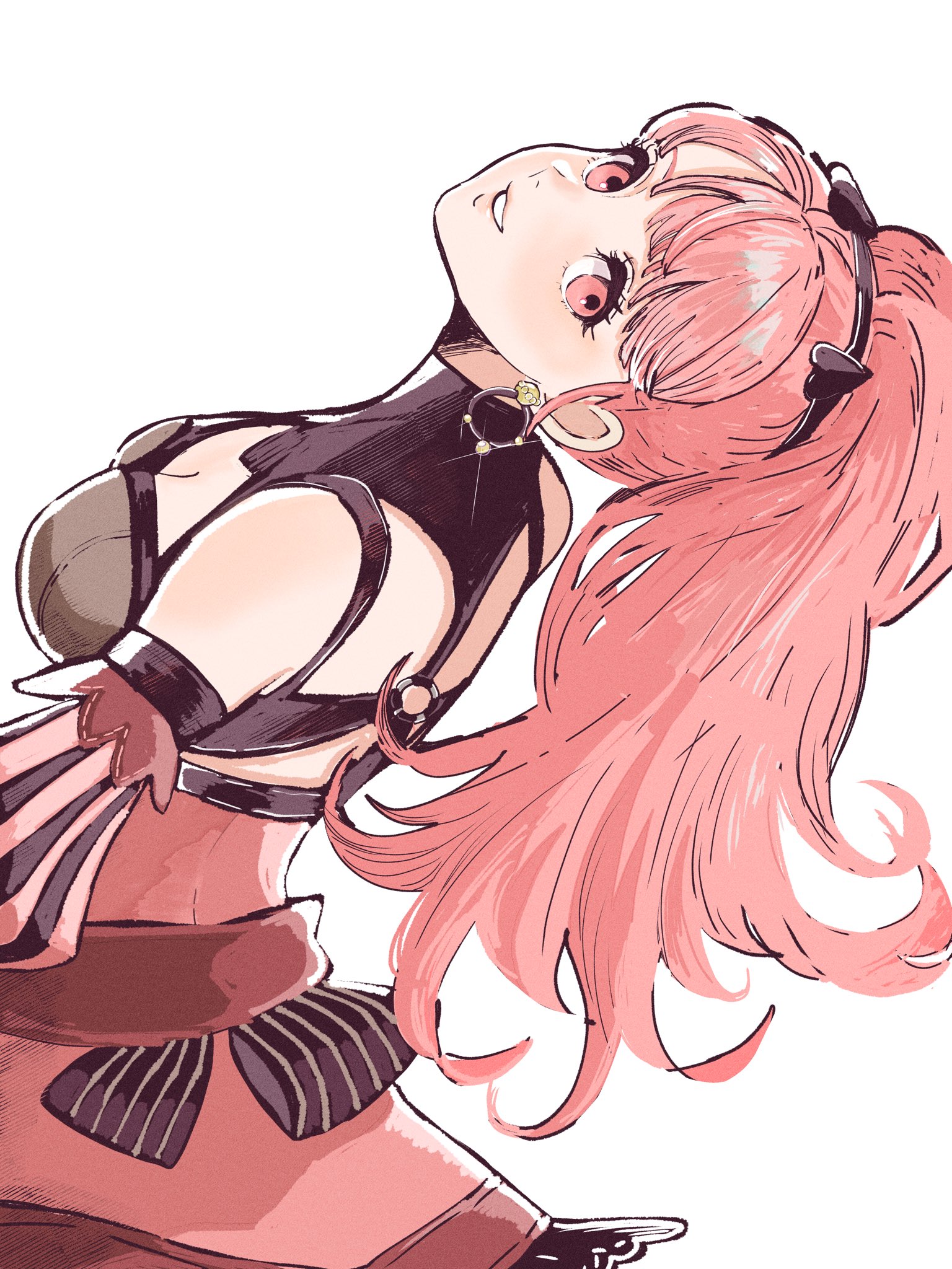 chimney (chimney0311), hilda valentine goneril, hilda valentine goneril (timeskip), fire emblem, fire emblem: three houses, nintendo, highres, 1girl, back, backless outfit, bare shoulders, blush, breasts, cleavage, dress, earrings, from behind, gloves, hairband, hoop earrings, jewelry, long hair, looking at viewer, medium breasts, open mouth, pink dress, pink eyes, pink hair, ponytail, simple background, smile, solo, teeth, upper body, white background