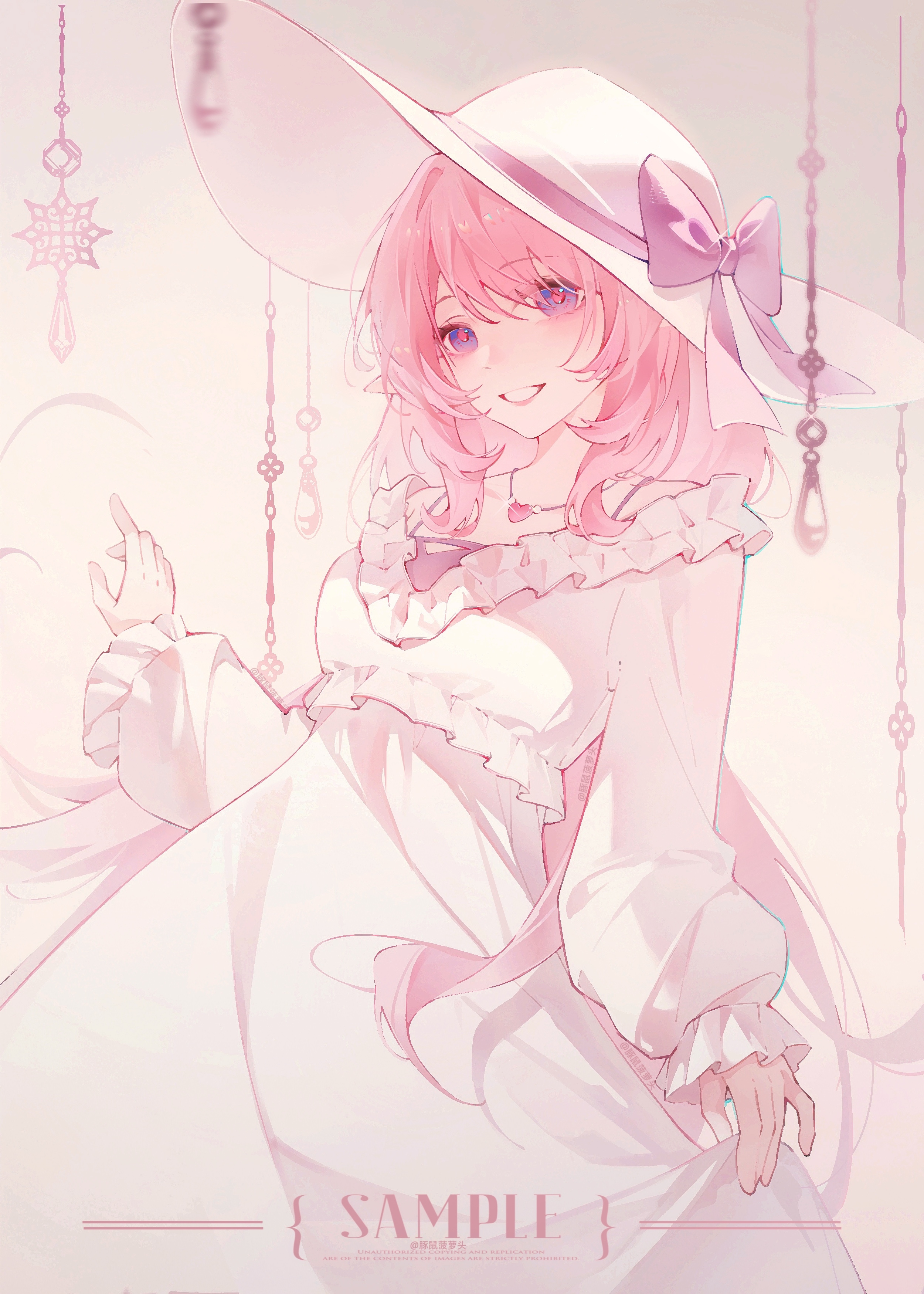 tunshu boluo tou, elysia (herrscher of human: ego) (honkai impact), elysia (honkai impact), elysia (summer 2025) (honkai impact), honkai (series), honkai impact 3rd, absurdres, chinese commentary, commentary request, highres, procreate (medium), 1girl, blue eyes, breasts, dress, elf, hat, heart, heart necklace, jewelry, long hair, medium breasts, necklace, official alternate costume, pink hair, pointy ears, solo, sun hat, sundress, very long hair, white dress, white hat