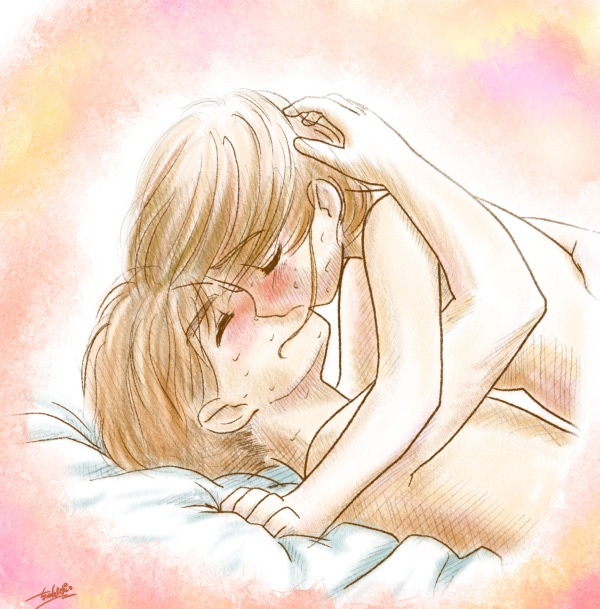 chunpai, kinomoto sakura, li xiaolang, cardcaptor sakura, 1990s (style), 1boy, 1girl, blush, brown hair, closed eyes, completely nude, couple, french kiss, girl on top, hetero, hug, kiss, loli, nude, retro artstyle, shota, sweat