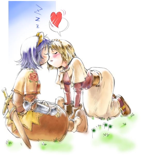 acolyte (ragnarok online), swordsman (ragnarok online), ragnarok online, artist request, source request, 2girls, all fours, armor, armored dress, blue hair, blush, brown hair, dress, female focus, field, grass, heart, imminent kiss, kiss, multiple girls, orange dress, outdoors, pale color, short hair, sleeping, spoken heart, sword, weapon, yuri