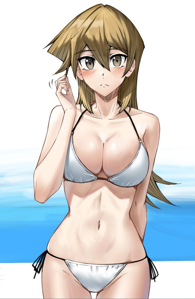 rourou ill, tenjouin asuka, yu-gi-oh!, yu-gi-oh! gx, 1girl, bikini, blonde hair, blush, breasts, brown eyes, cleavage, closed mouth, collarbone, hair between eyes, large breasts, long hair, looking at viewer, navel, side-tie bikini bottom, simple background, solo, standing, stomach, straight hair, string bikini, swimsuit, white background, white bikini