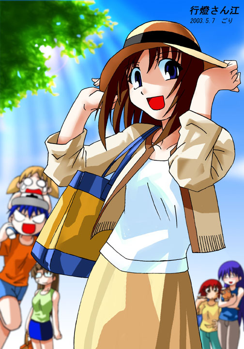 kagura, kagura (azumanga daioh), kasuga ayumu, mihama chiyo, mizuhara koyomi, sakaki (azumanga daioh), takino tomo, azumanga daiou, 00s, 2003, 6+girls, :d, blue eyes, blue hair, brown hair, dappled sunlight, dated, day, everyone, glasses, hat, holding, long hair, looking at viewer, multiple girls, open mouth, outdoors, pants, purple hair, red hair, shirt, short hair, shorts, skirt, smile, standing, sun hat, sunlight, sweatdrop, tank top, very long hair