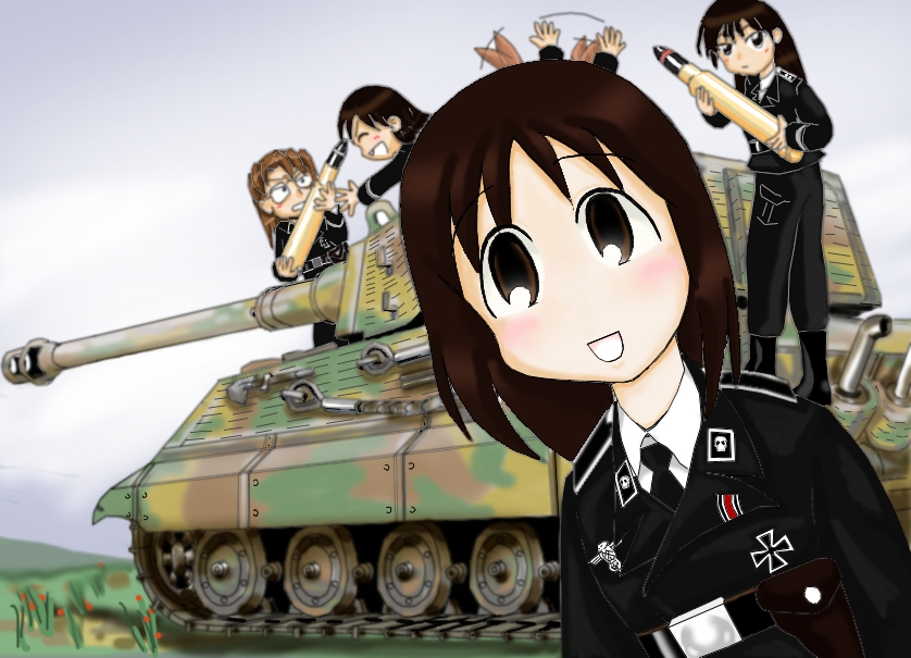 kasuga ayumu, mihama chiyo, mizuhara koyomi, sakaki (azumanga daioh), takino tomo, azumanga daiou, vehicle, 4girls, black hair, caterpillar tracks, child, cross, iron cross, long hair, military, military uniform, military vehicle, motor vehicle, multiple girls, nazi, necktie, skull, tank, tiger ii, war, wehrmacht, world war ii