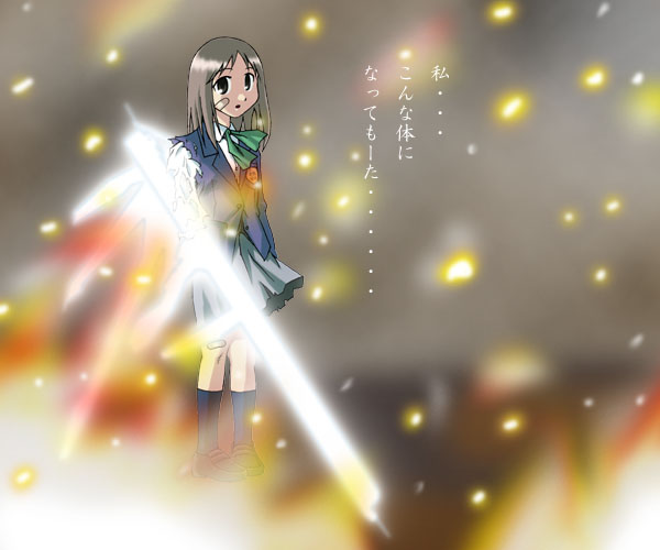kasuga ayumu, azumanga daiou, saishuu heiki kanojo, tagme, bandaid, bandaid on face, bandaid on knee, bandaid on leg, blouse, blue socks, brown shoes, crossover, green shoes, kneehighs, parody, shirt, shoes, skirt, socks, solo, torn clothes, torn shirt, torn skirt
