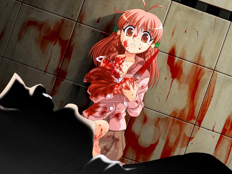 kinriki mantou, aibara natsumi, hello world, hello world., game cg, 1girl, ahoge, blood, blood on clothes, blood on face, blood on hands, blood splatter, blood stain, bloody knife, bloody weapon, death, female focus, flat chest, guro, knife, murder, rape, red eyes, red hair, scared, solo, strap slip, weapon