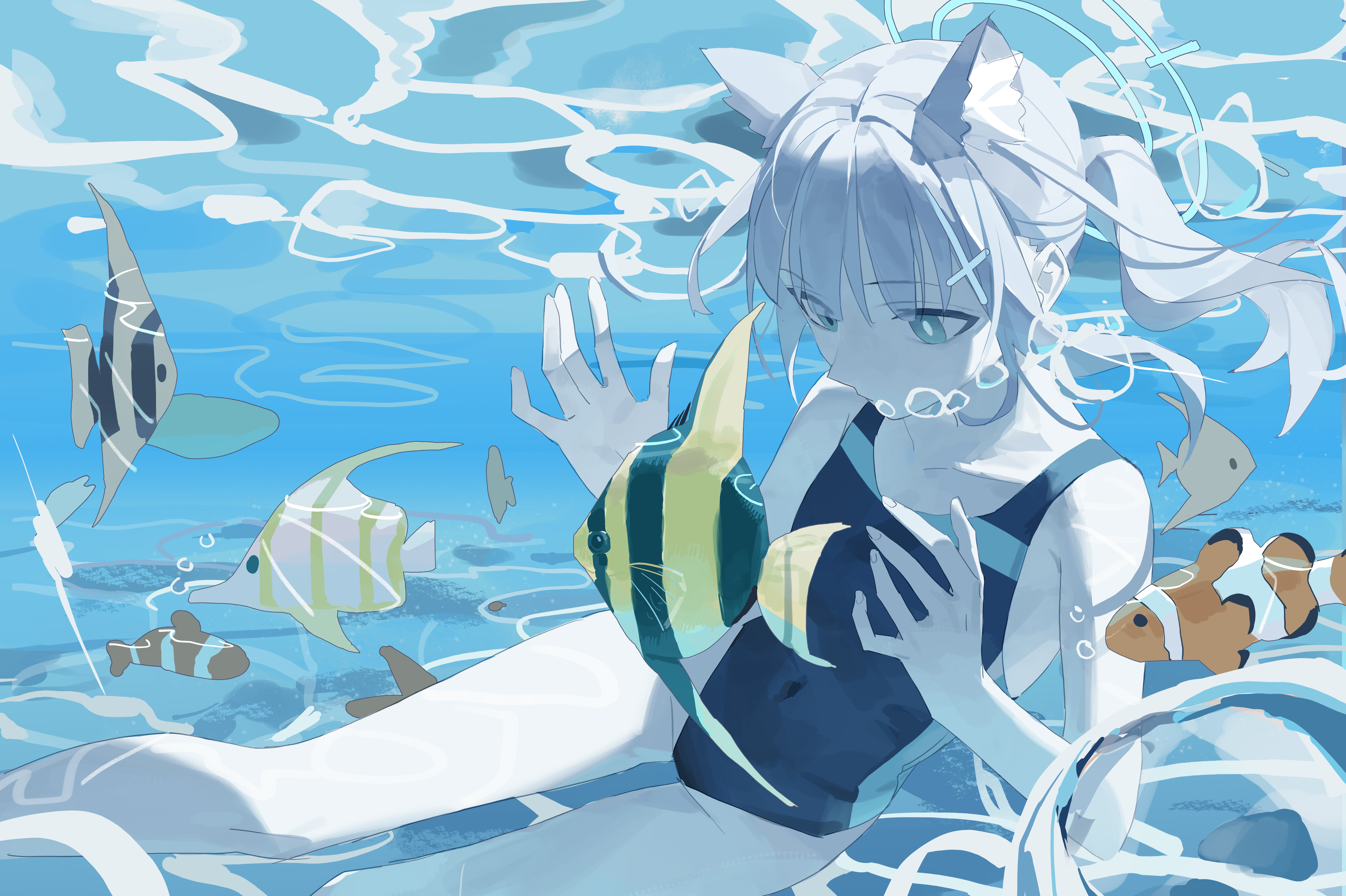 fanshuimucishen, shiroko (blue archive), shiroko (swimsuit) (blue archive), blue archive, absurdres, chinese commentary, commentary, highres, making-of available, 1girl, air bubble, animal ear fluff, animal ears, aqua eyes, aqua halo, black one-piece swimsuit, blue one-piece swimsuit, bright pupils, bubble, caustics, clownfish, collarbone, covered navel, cross, cross hair ornament, eyes visible through hair, feet out of frame, fish, freediving, hair ornament, halo, highleg, highleg one-piece swimsuit, inverted cross, looking down, medium hair, mismatched pupils, multicolored swimsuit, official alternate costume, official alternate hairstyle, one-piece swimsuit, ponytail, sidelocks, solo, swimsuit, tropical fish, two-tone one-piece swimsuit, underwater, water, white pupils, wolf ears