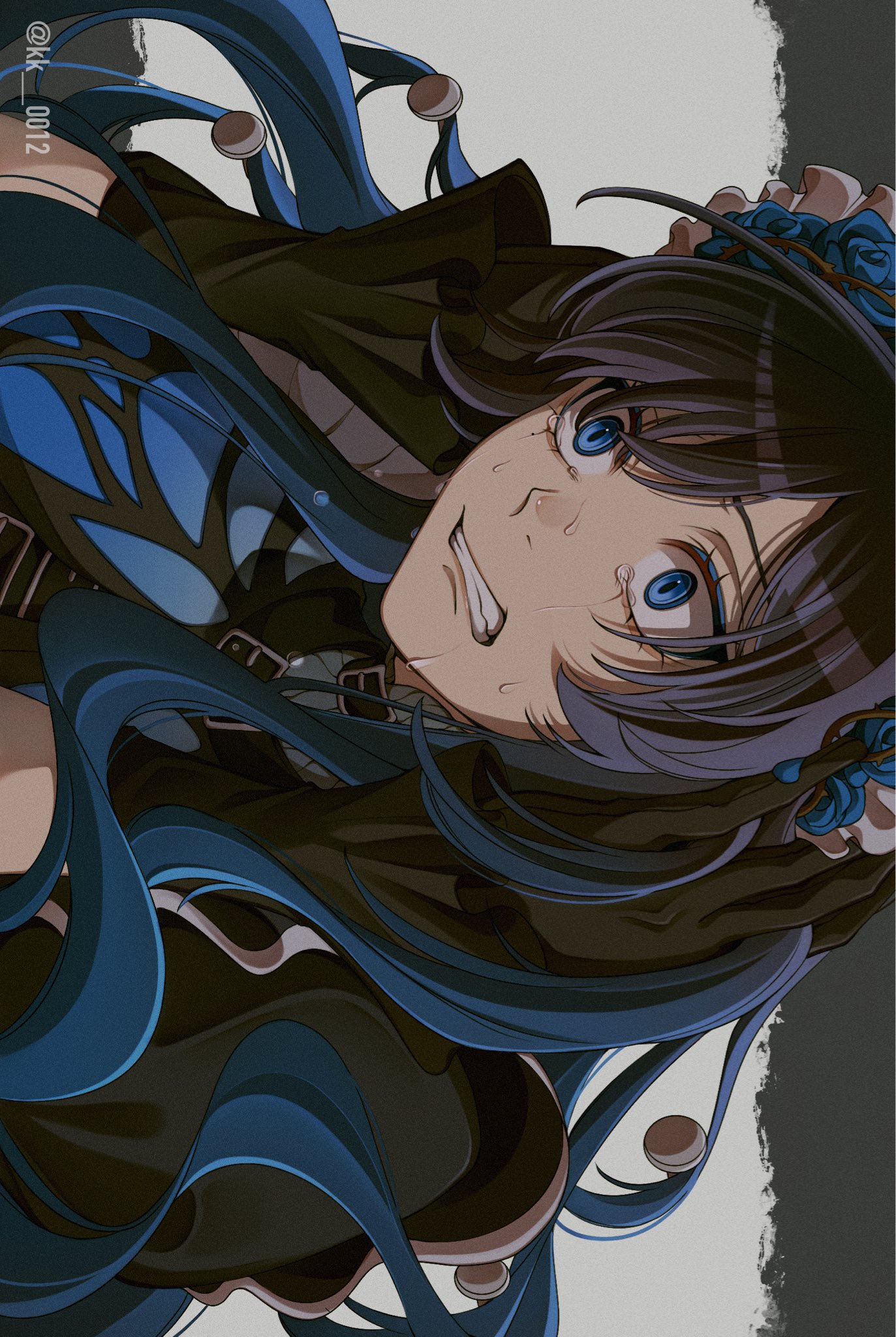 keeko (kk 0012), chando (ado), ado (utaite), aishite aishite aishite (vocaloid), commentary request, highres, 1girl, black gloves, black hair, blue eyes, blue hair, clenched teeth, crying, crying with eyes open, gloves, hands on own head, long hair, mole, mole under eye, open mouth, solo, tears, teeth, utaite