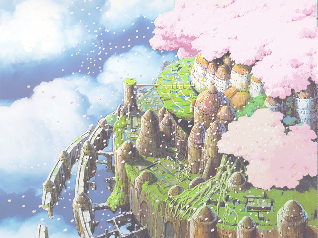 studio ghibli, tenkuu no shiro laputa, bridge, canal, cherry blossoms, cloud, day, dome, floating island, nature, no humans, outdoors, ruins, scenery, sky, water