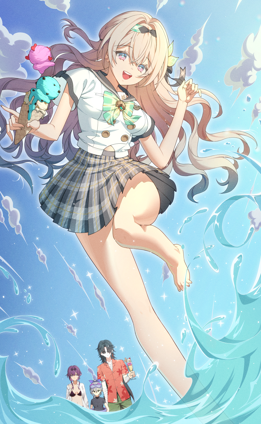 chyanu, blade (honkai: star rail), firefly (honkai: star rail), firefly (spring missive) (honkai: star rail), kafka (honkai: star rail), silver wolf (honkai: star rail), honkai: star rail, honkai (series), highres, 1boy, 3girls, bare legs, barefoot, beach, bikini, black bikini, black hairband, bow, food, green bow, green hair, grey hair, hair between eyes, hair ornament, hairband, holding, holding ice cream cone, ice cream, ice cream cone, long hair, looking at viewer, multiple girls, navel, official alternate costume, official alternate hairstyle, open mouth, pink eyes, plaid bow, plaid clothes, plaid skirt, purple hair, school uniform, shirt, short sleeves, skirt, smile, stomach, swimsuit, very long hair, white shirt