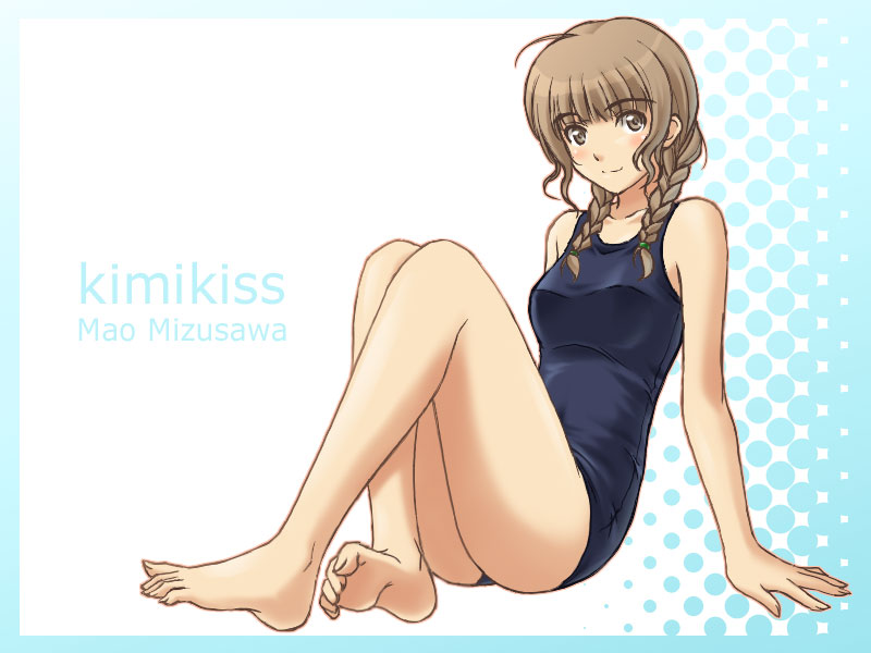 masakichi (crossroad), mizusawa mao, kimi kiss, 1girl, barefoot, blush, braid, brown eyes, brown hair, character name, copyright name, feet, female focus, one-piece swimsuit, school swimsuit, smile, solo, swimsuit, twin braids