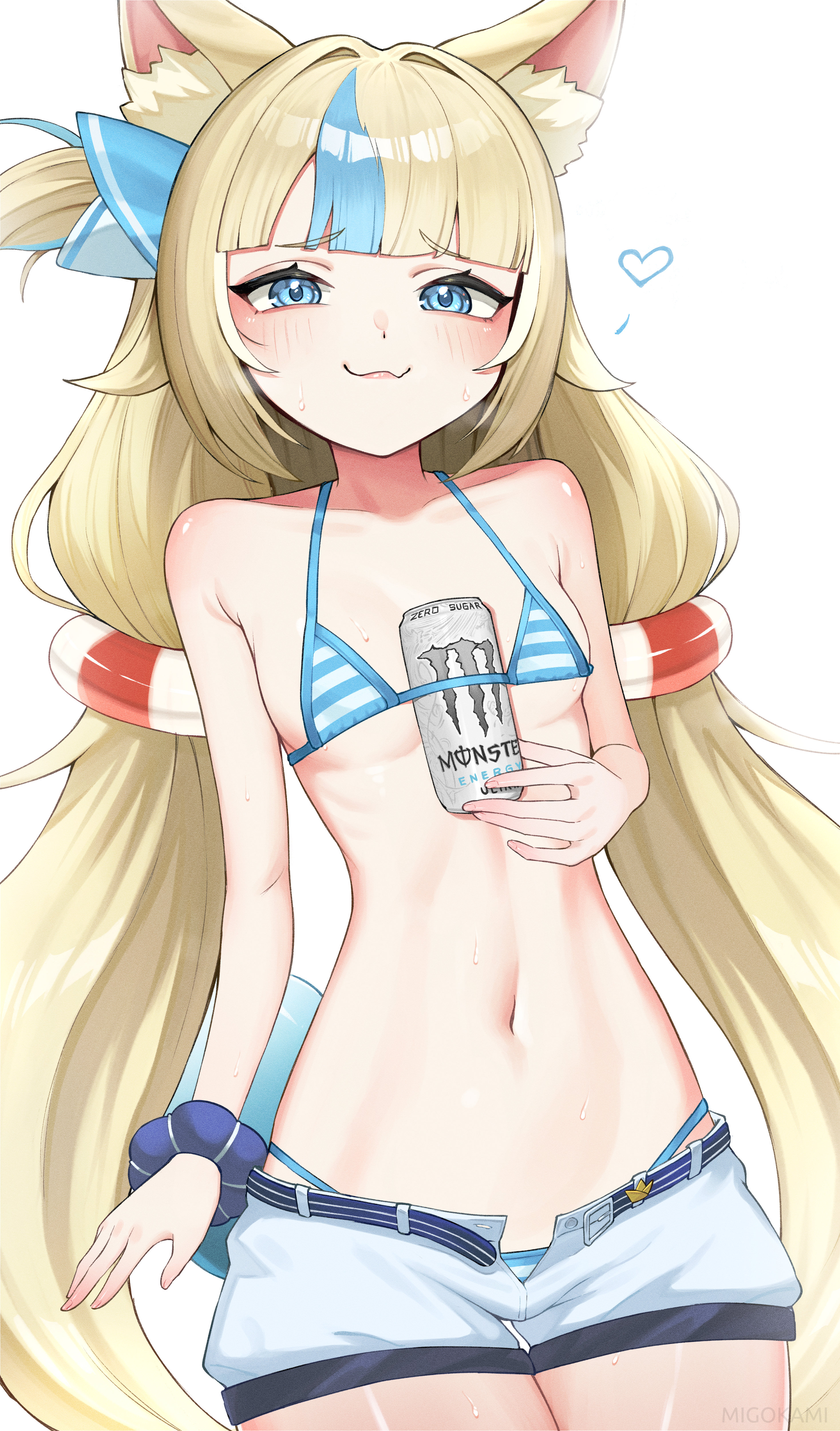 migokami, sameko saba, indie virtual youtuber, monster energy, absurdres, highres, 1girl, animal ear fluff, animal ears, bikini, blonde hair, blue bikini, blue eyes, blue streaks, breasts, can between breasts, cat ears, cat girl, fins, fish tail, lifebuoy hair ornament, looking at viewer, low twintails, one side up, short shorts, shorts, small breasts, solo, swimsuit, tail, twintails, virtual youtuber, white background, white shorts